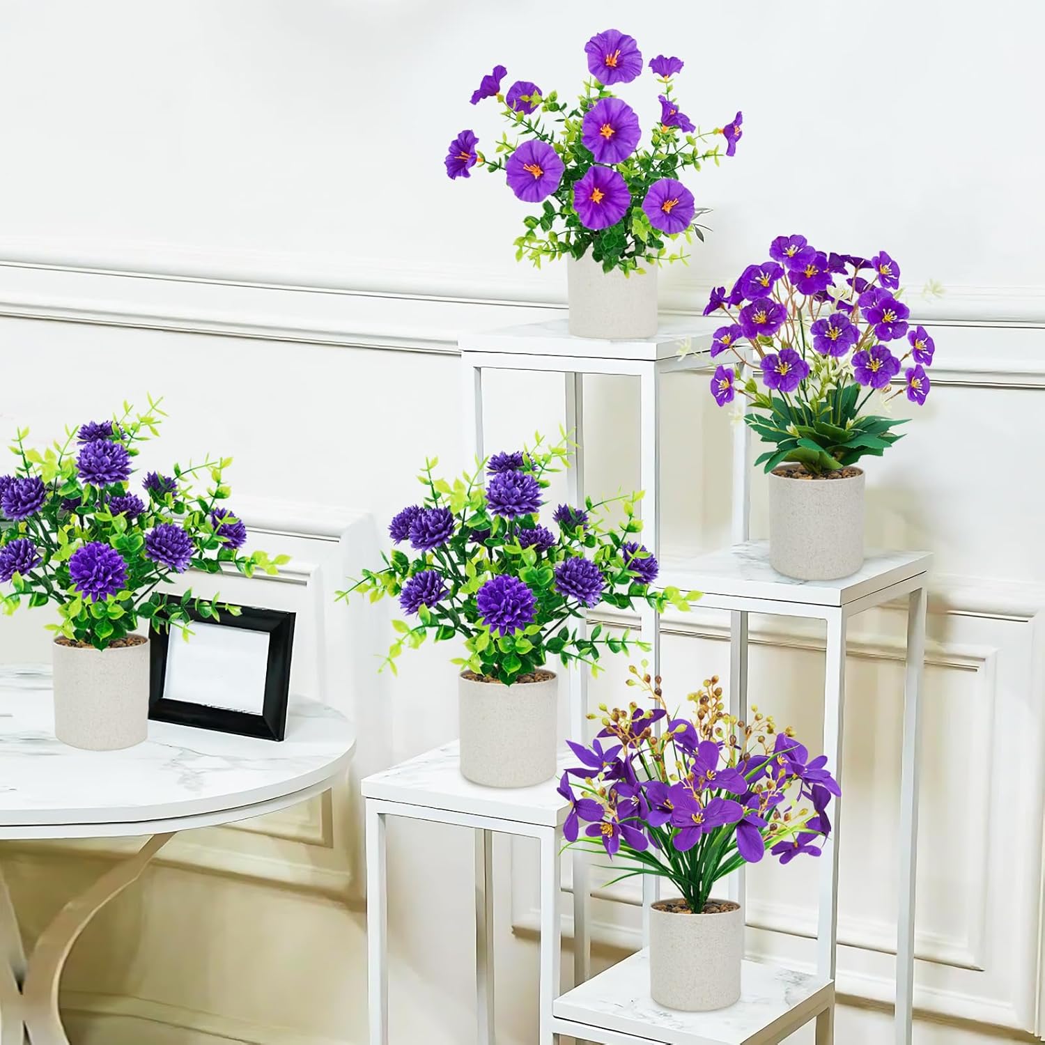 8 Packs Small Fake Plants Mini Artificial Potted Flowers Plastic Small Faux Potted Plants Indoor For Home Room Office Shelves Spring Decor, Purple
