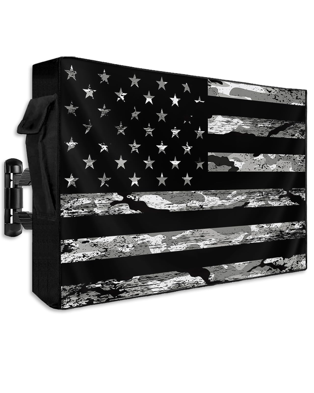American Flag Outdoor TV Cover 60 to 65 Inch Weatherproof, Camouflage Black Stripes 600D Oxford TV Covers with Zipper, Vintage US Flag Outside Flat