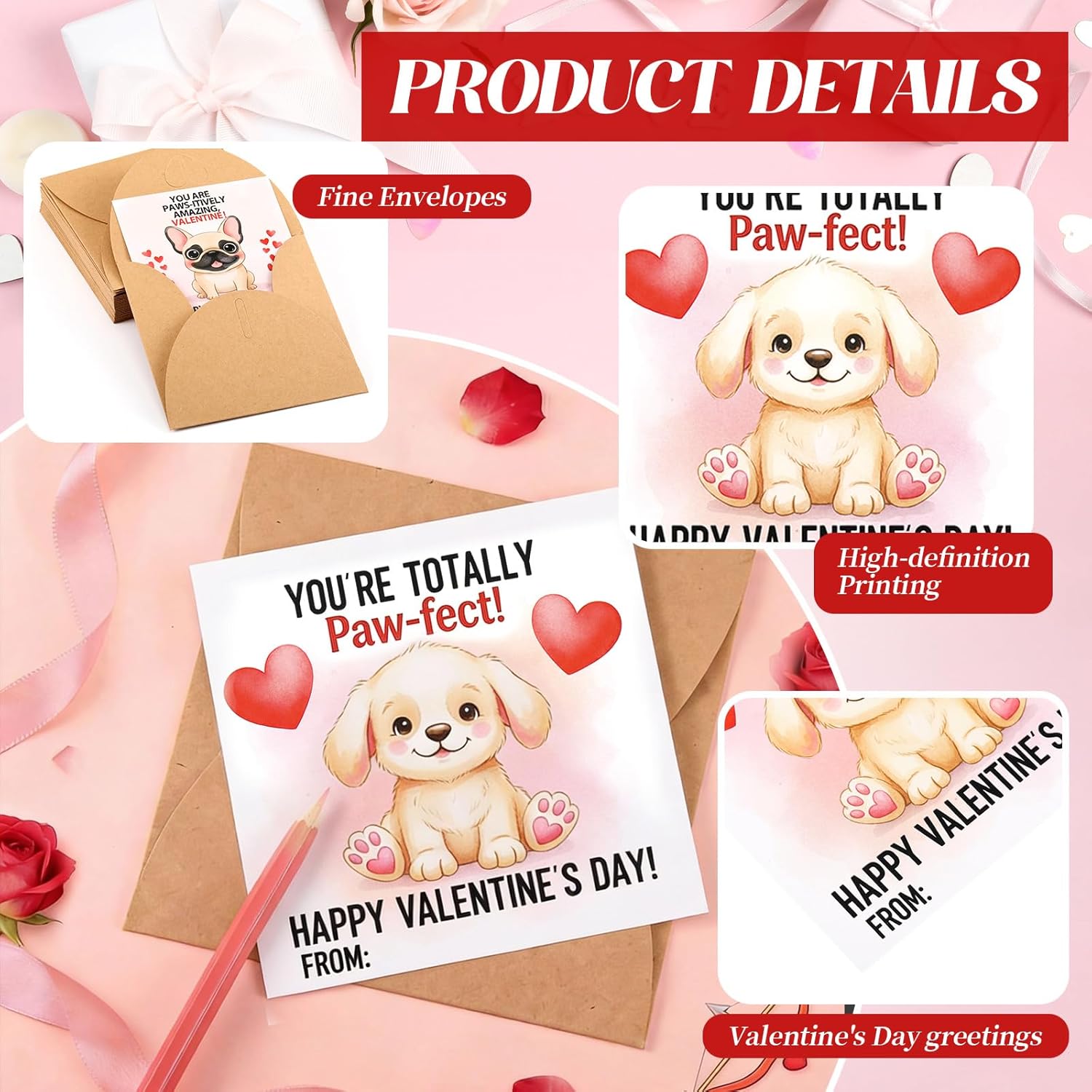 24 Pack 4.3 X 4.3 Valentine Cards With Envelopes Valentine'S Day Classroom Cards Assorted Adorable Design With Printed Message Inside For Teachers Students Coworker Family Friend(Dog)