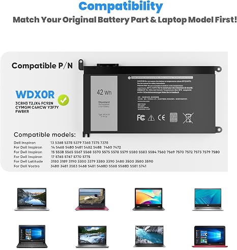 42Wh WDX0R Replacement Laptop Battery for Dell Inspiron 13 15 17 Series FW8KR CYMGM