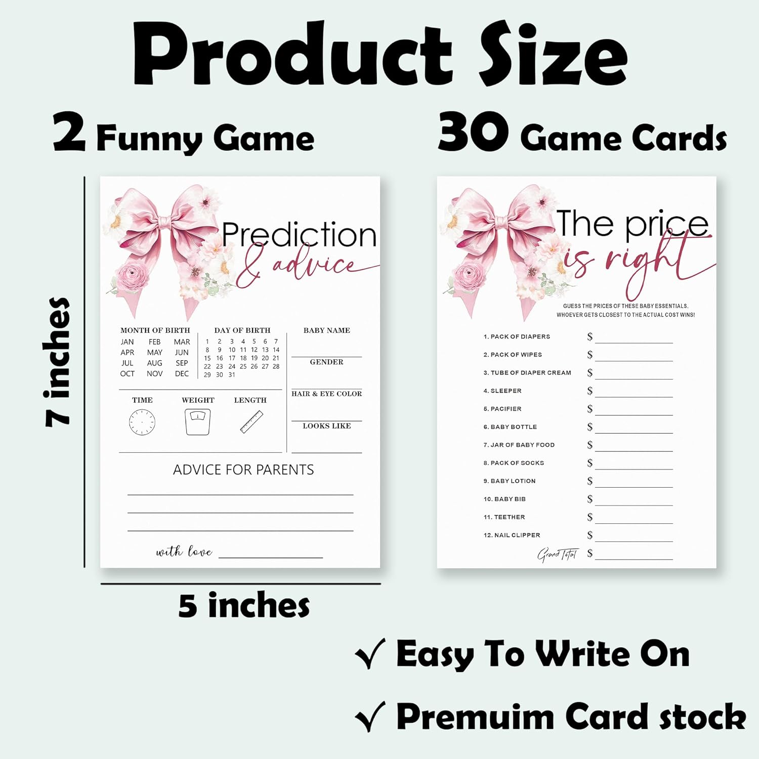 The Price Is Right & Predictions Advice Theme Baby Shower Game Activities-30 Pink Bow & Flowers Double-Sided Game Cards(5’’X7 ’’) For Boys & Girls-Gender Natural Decorations & Supplies-A05