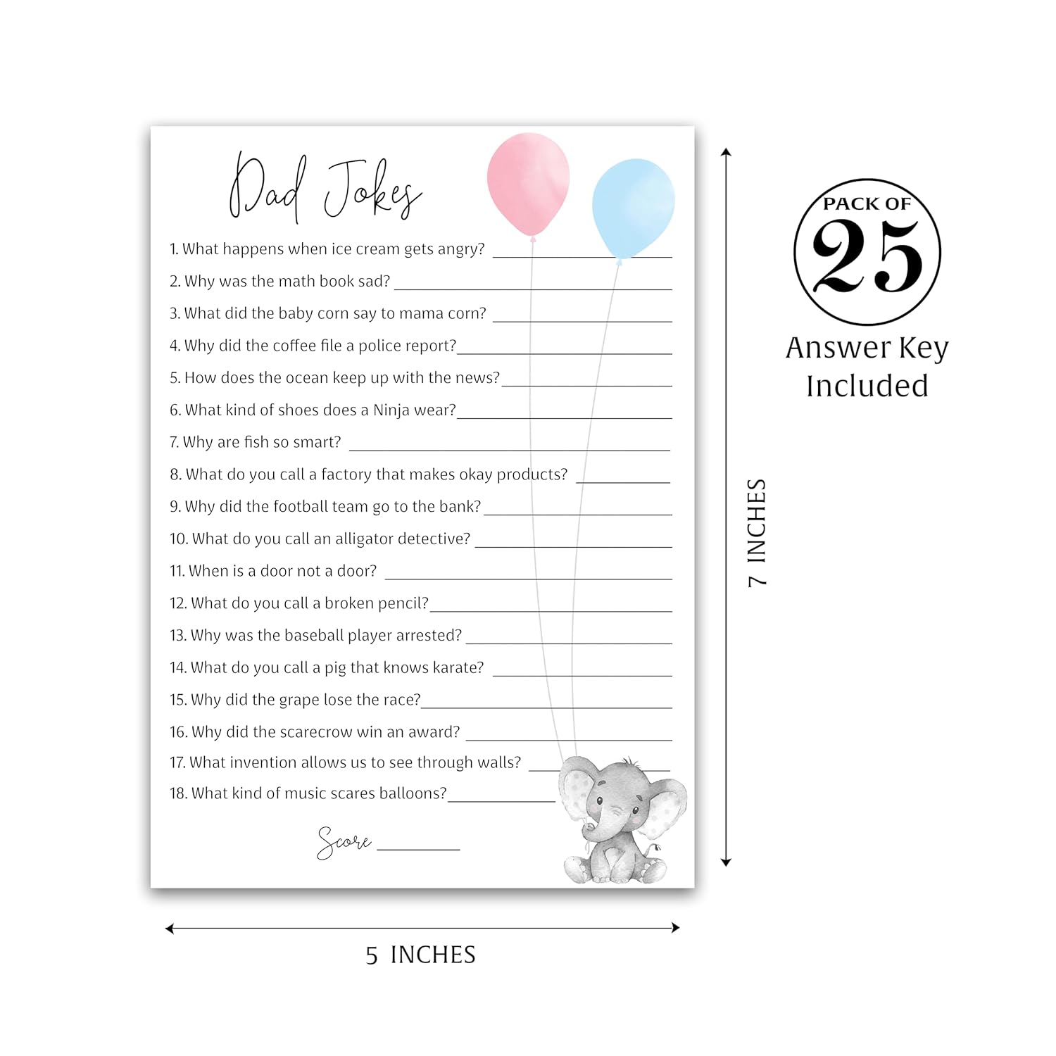 Dad Jokes Gender Reveal Party Game, Daddy Jokes Baby Shower Trivia Games — Pack Of 25 — Fun Dad Joke Game, Elephant Pink Or Blue, Funny Trivia, Baby Sprinkle, Co-Ed Couples Shower, Birthday G510-Djk