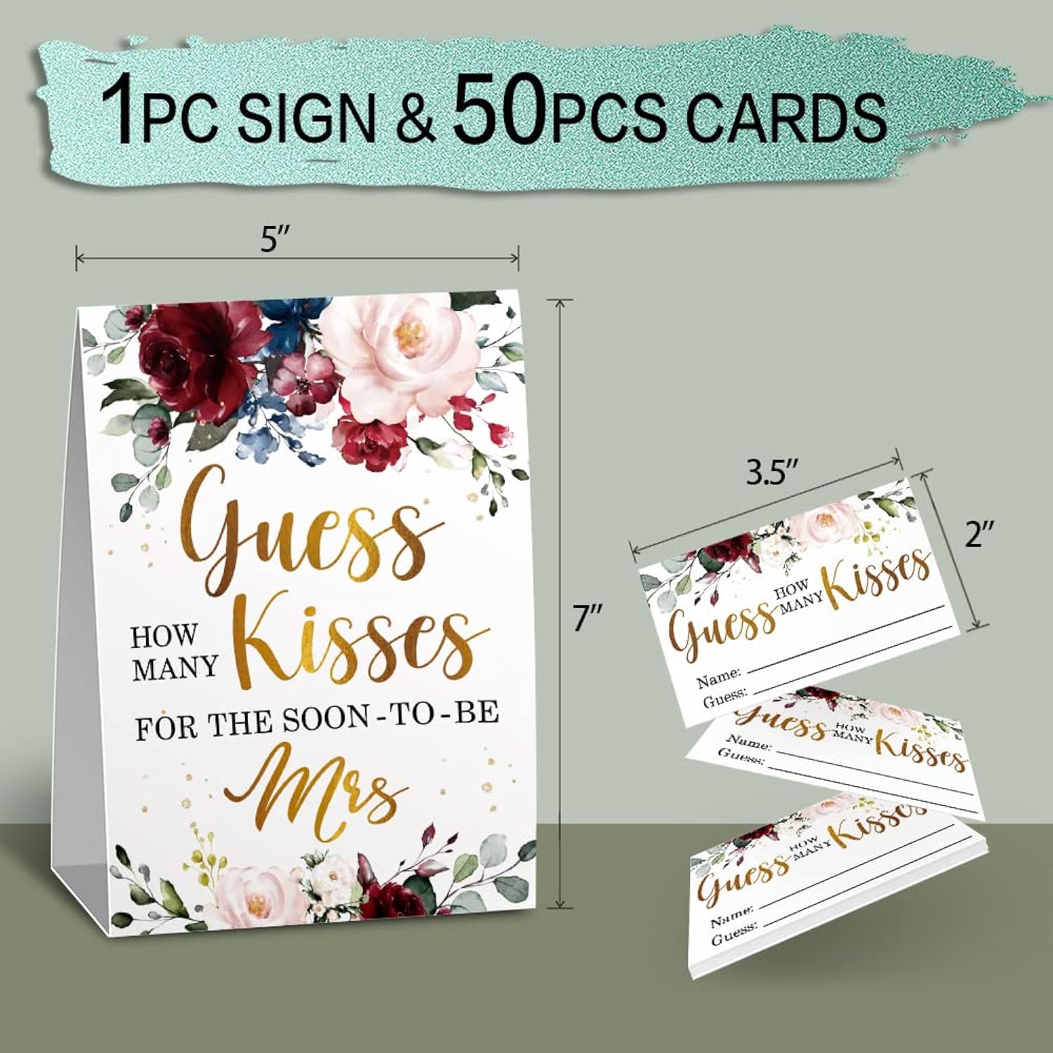 Guess How Many Kisses In The Jar Bridal Shower Game, Bridal Shower Game, Wedding Shower Games, Bachelorette Party Night, Floral Party Game Cards, Bridal Party Decorations -1 Sign & 50 Cards Set