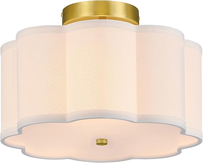 12.6 Inch Gold Semi Flush Mount Ceiling Light 3 Light Flower Fabric Shade Fixture