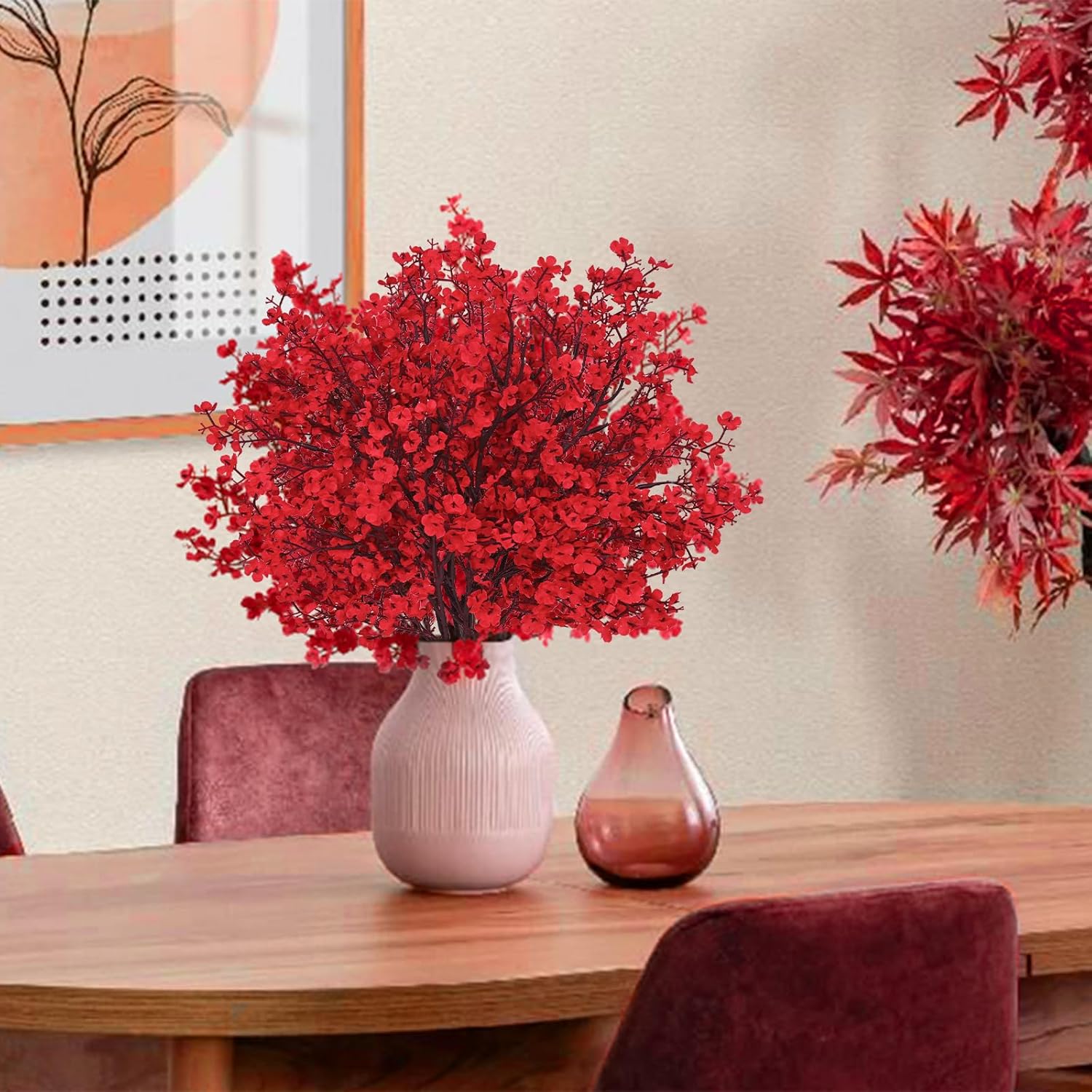 Red Fake Flowers, 15Pcs Real Touch Silk Flowers Faux Artificial Flowers For Decorations, Babys Breath Artificial Flowers Bulk For Spring Decor Floral Arrangement
