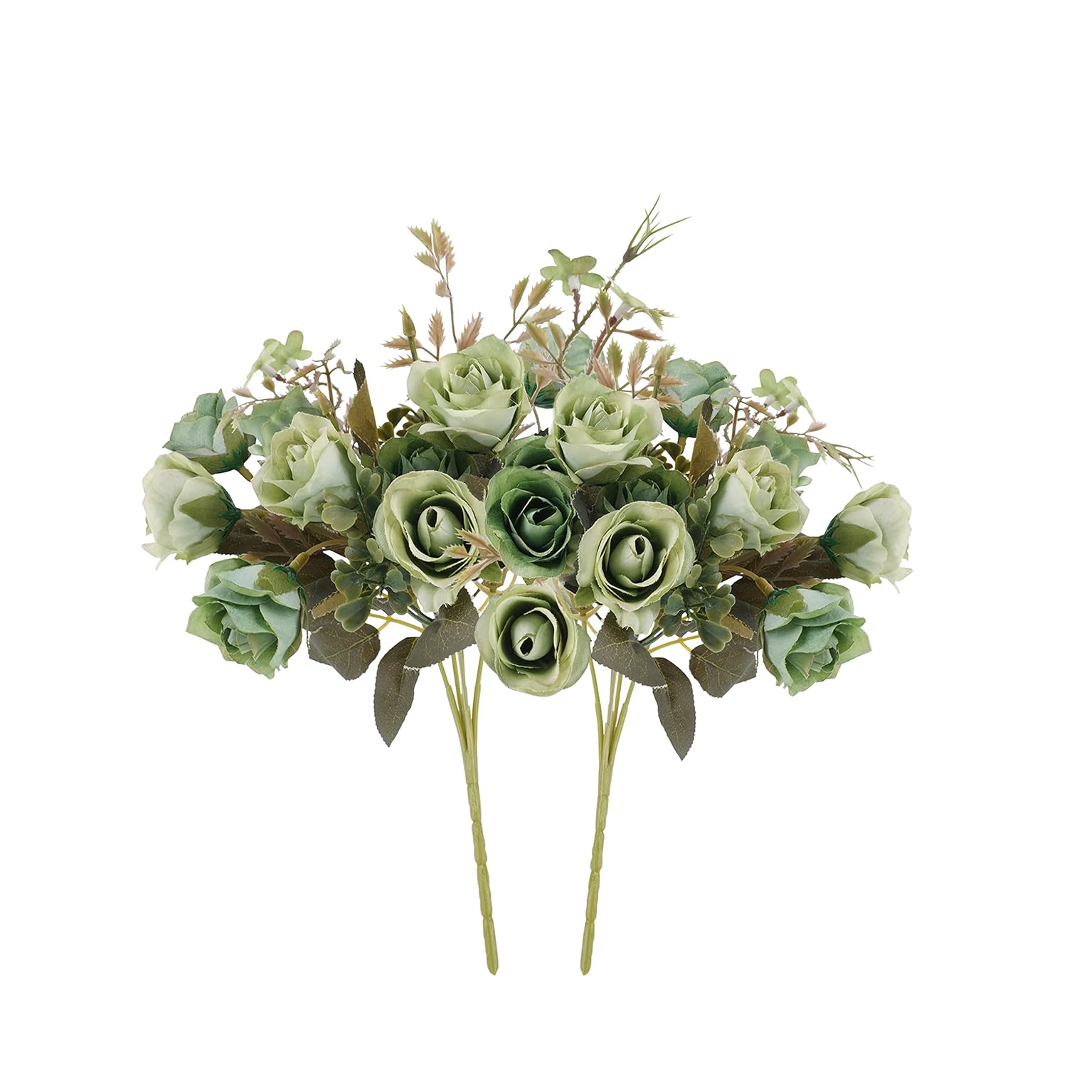 5 Stems 10 Heads Artificial Flowers Small Roses With Leaf Bouquet For Valentines Decoration Kitchen Wedding Office (2 Pack, Green)