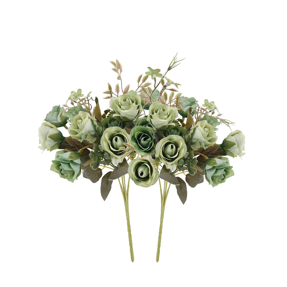 5 Stems 10 Heads Artificial Flowers Small Roses With Leaf Bouquet For Valentines Decoration Kitchen Wedding Office (2 Pack, Green)