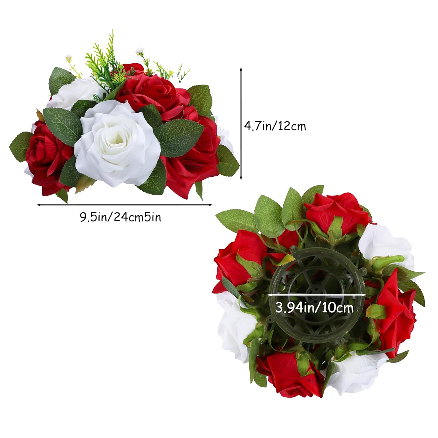 4 Pcs Flower Balls White Red Flowers Artificial Rose For Wedding Centrepieces 9.5In Diameter Artificial Flower Ball Arrangement Bouquet Fake Rose Flowers Party Centerpieces For Weddings Tables