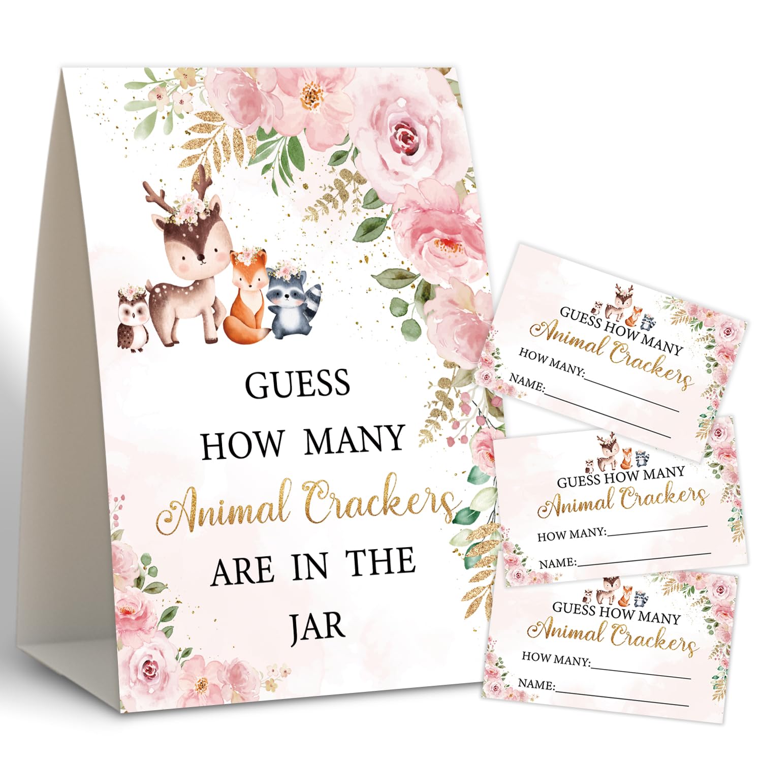 Floral Woodland Baby Shower Games,How Many Animal Crackers,Baby Shower Decorations,Baby Shower Decorations Gender Neutral,Baby Crackers Decor,Baby Shower Centerpieces,50 Cards & 1 Sign -4