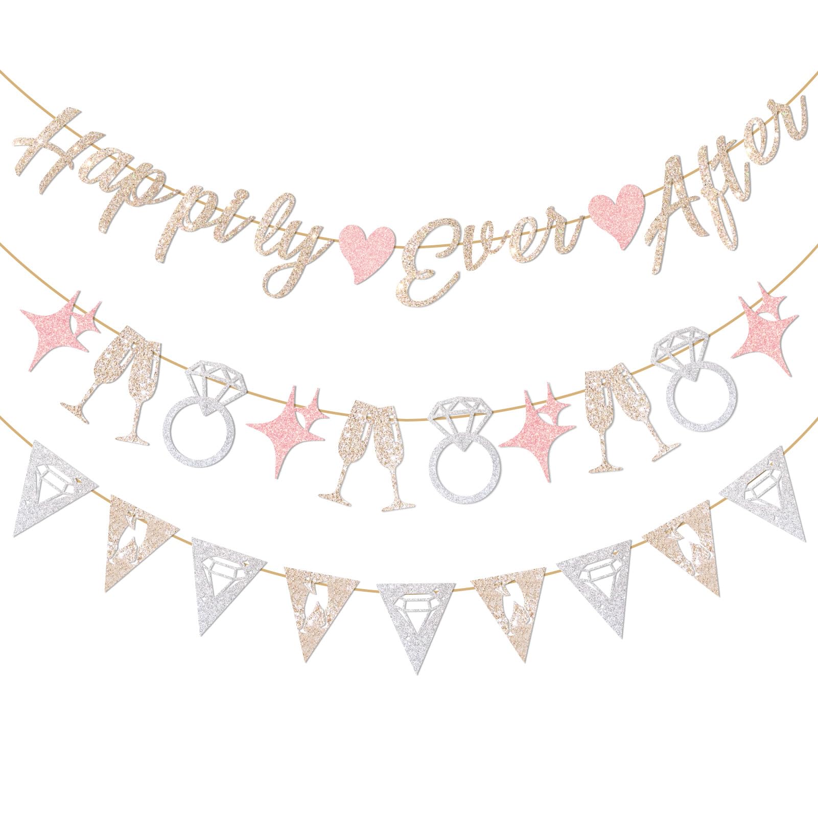 Pre-Strung Happily Ever After Banner Set, Pink & Gold Glitter Wedding Bunting Decorations with Diamond Ring & Champagne Glass Cutouts for Bridal Shower, Engagement Party, Wedding Reception