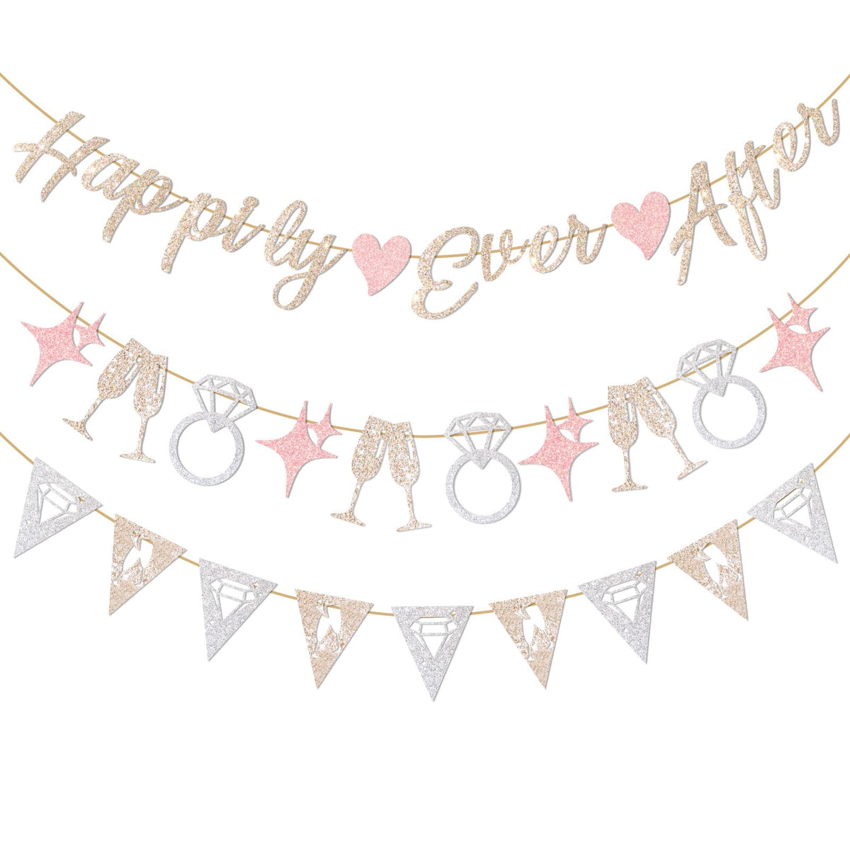 Pre-Strung Happily Ever After Banner Set, Pink & Gold Glitter Wedding Bunting Decorations with Diamond Ring & Champagne Glass Cutouts for Bridal Shower, Engagement Party, Wedding Reception