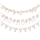 Pre-Strung Happily Ever After Banner Set, Pink & Gold Glitter Wedding Bunting Decorations with Diamond Ring & Champagne Glass Cutouts for Bridal Shower, Engagement Party, Wedding Reception