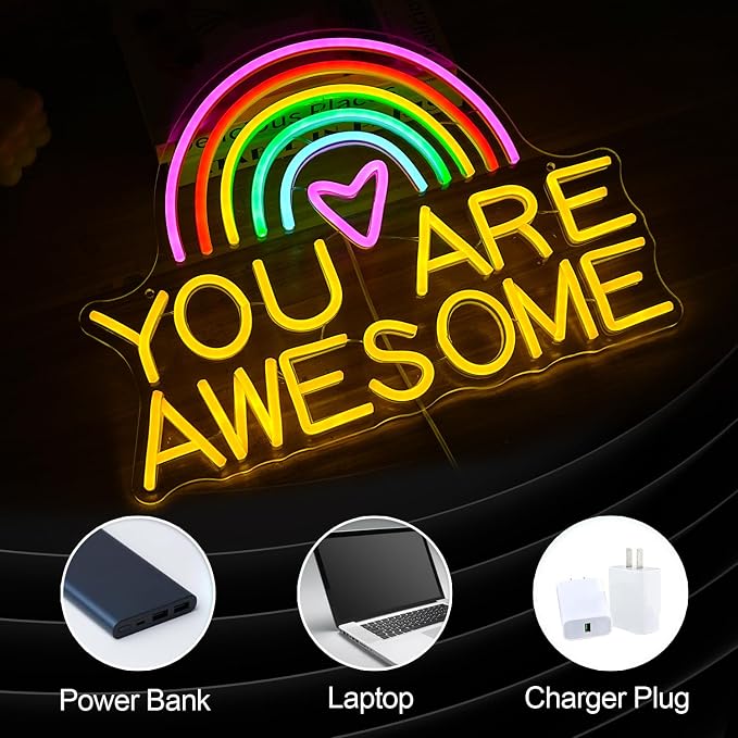 You Are Awesome Neon Sign Rainbow LED Wall Light USB Dimmable Decor for Classroom Bedroom Party