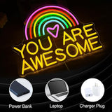 You Are Awesome Neon Sign Rainbow LED Wall Light USB Dimmable Decor for Classroom Bedroom Party