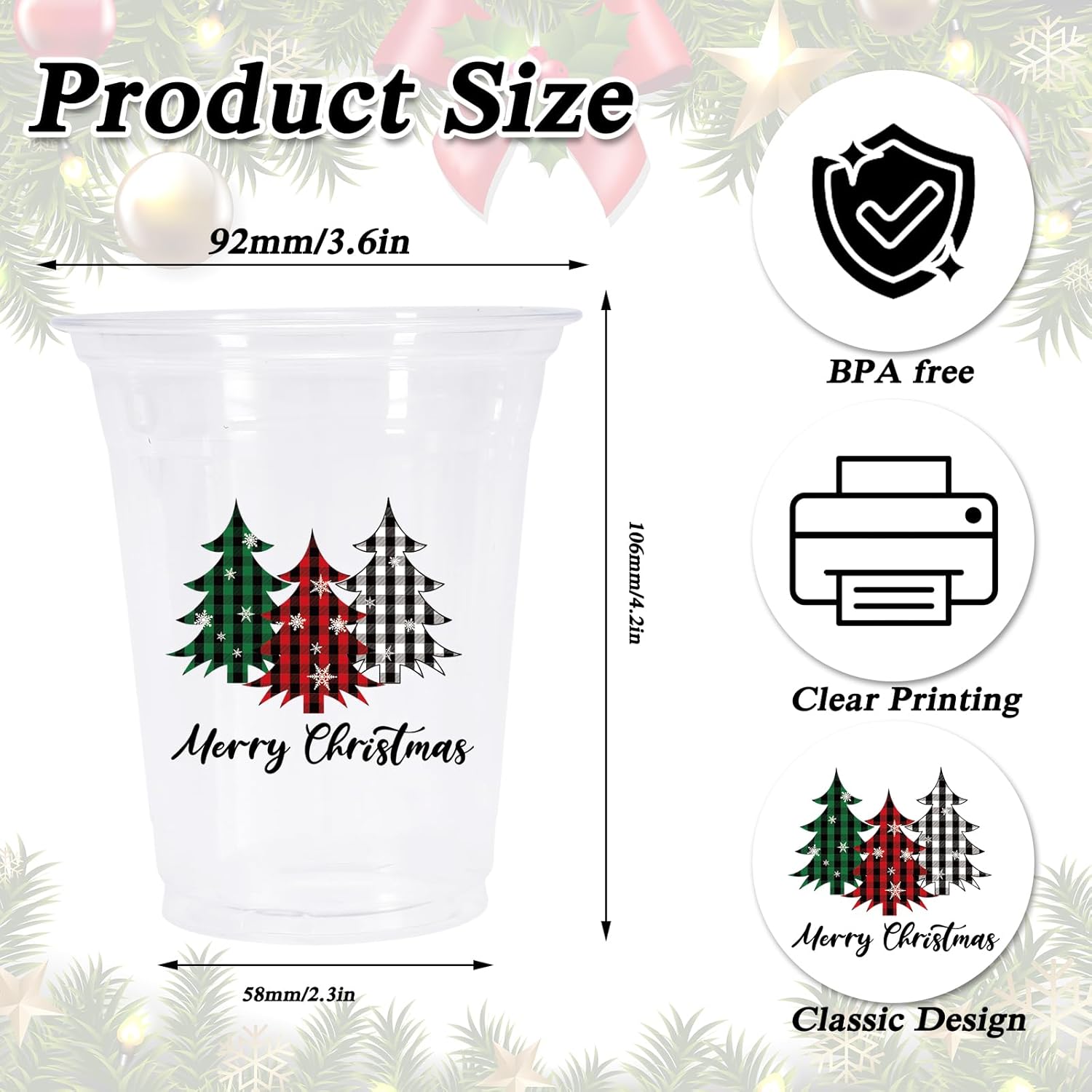 50Pcs 12Oz Christmas Disposable Cups Black Green Red Plaid Plastic Party Cups Christmas Tree Clear Plastic Glasses For Xmas Holiday Coffee Juice Hot Cold Drinks Party Supplies