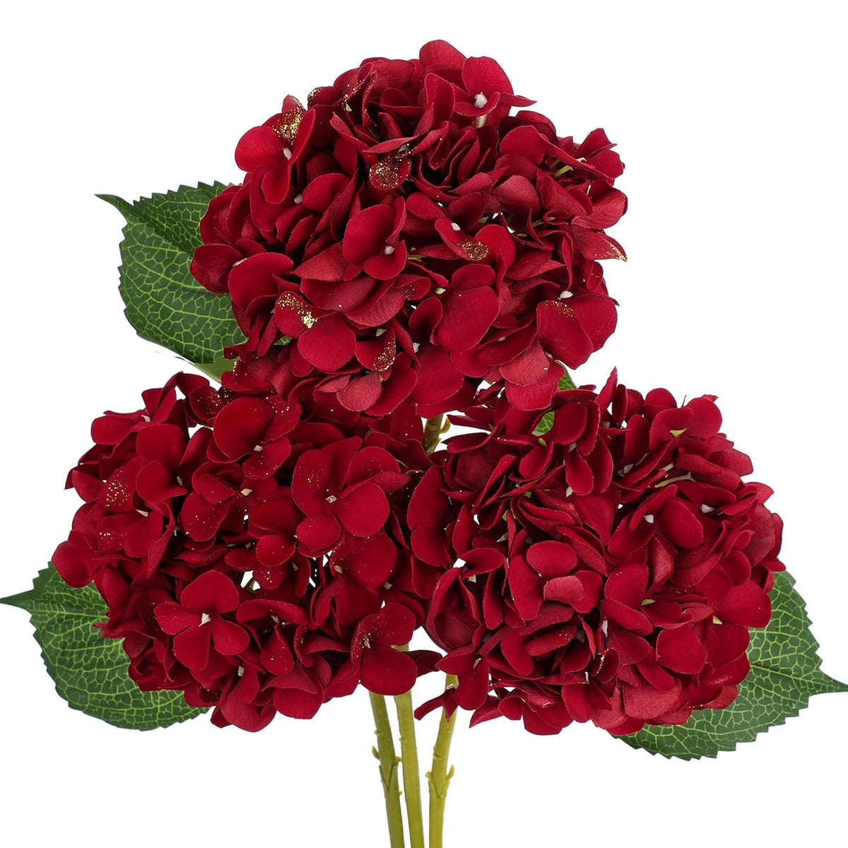 3Pcs Christmas Red Hydrangea Artificial Flowers 6Inch Burgundy Hydrangeas Glitter Faux Hydrangea Flowers With Stems Fake Flower Arrangements Bouquets Floral Wedding Xmas Home Decor Small
