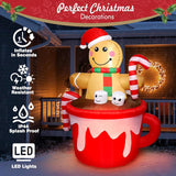 5Ft Christmas Inflatable Outdoor Decoration, Gingerbread Man In Coffee Mug Blow Up Led Light Christmas Inflatables Yard