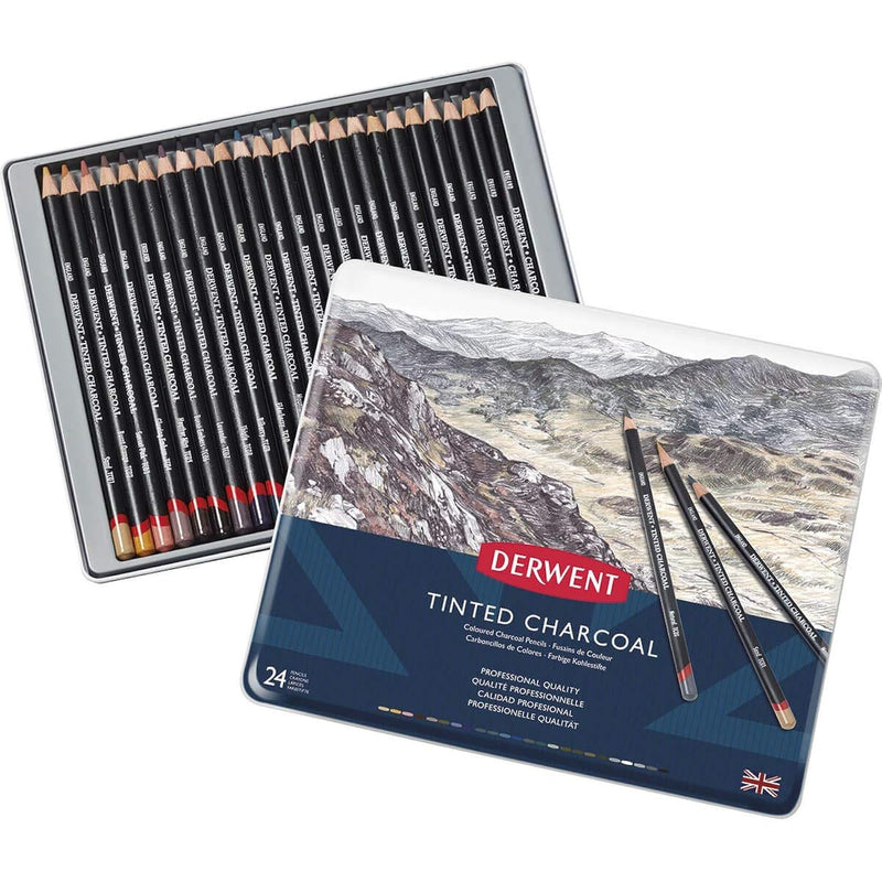 Derwent Tinted Charcoal Pencils, 4Mm Core, Metal Tin, 24 Count (2301691)