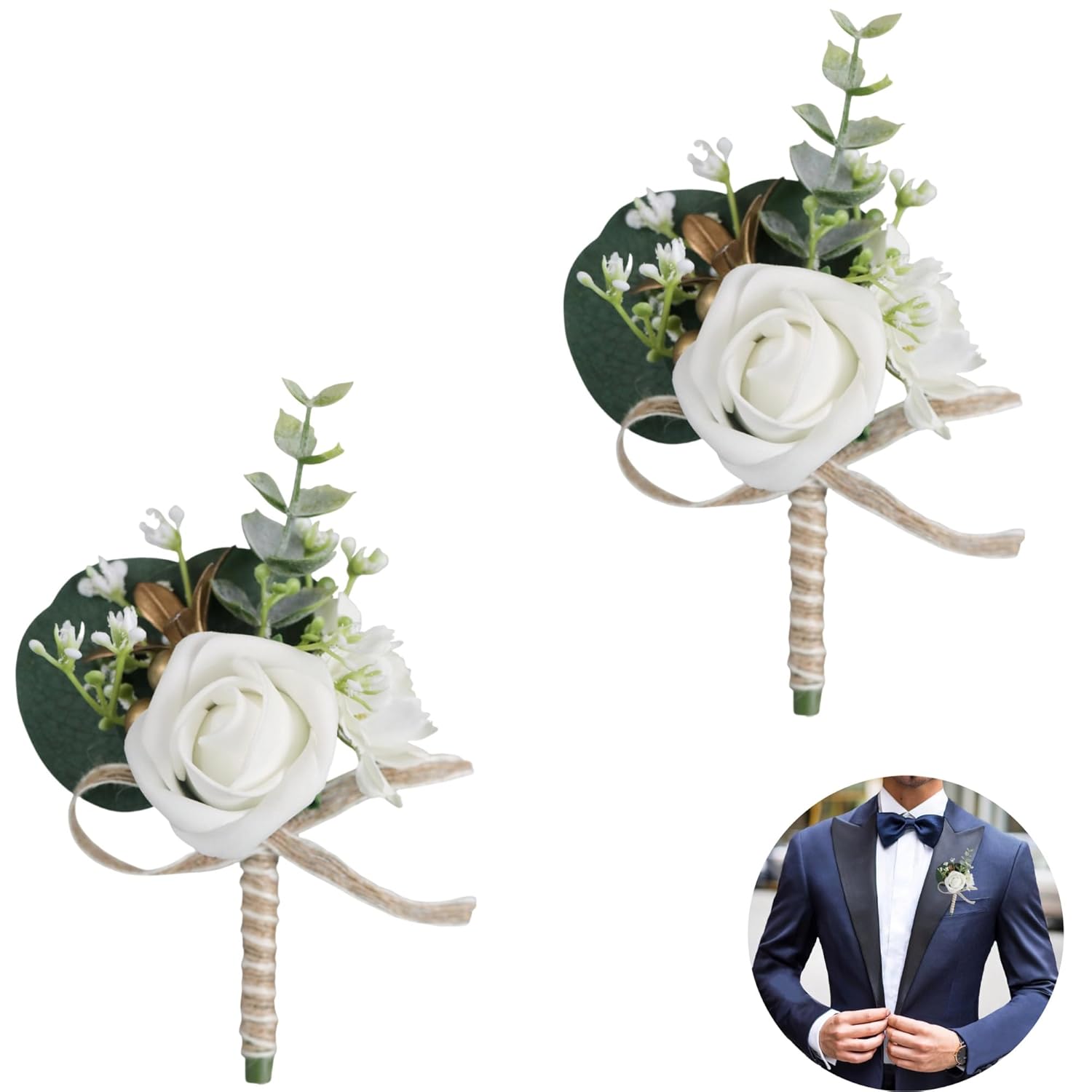 2Pcs Artificial Men'S Rose Boutonniere,Buttonhole Flowers With Pin And Clip Artificial Wedding Flower Bridal Bridesmaid White Corsage For Wedding,Party,Prom Suit Dress Decor, 8 X 14 Cm