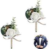 2Pcs Artificial Men'S Rose Boutonniere,Buttonhole Flowers With Pin And Clip Artificial Wedding Flower Bridal Bridesmaid White Corsage For Wedding,Party,Prom Suit Dress Decor, 8 X 14 Cm
