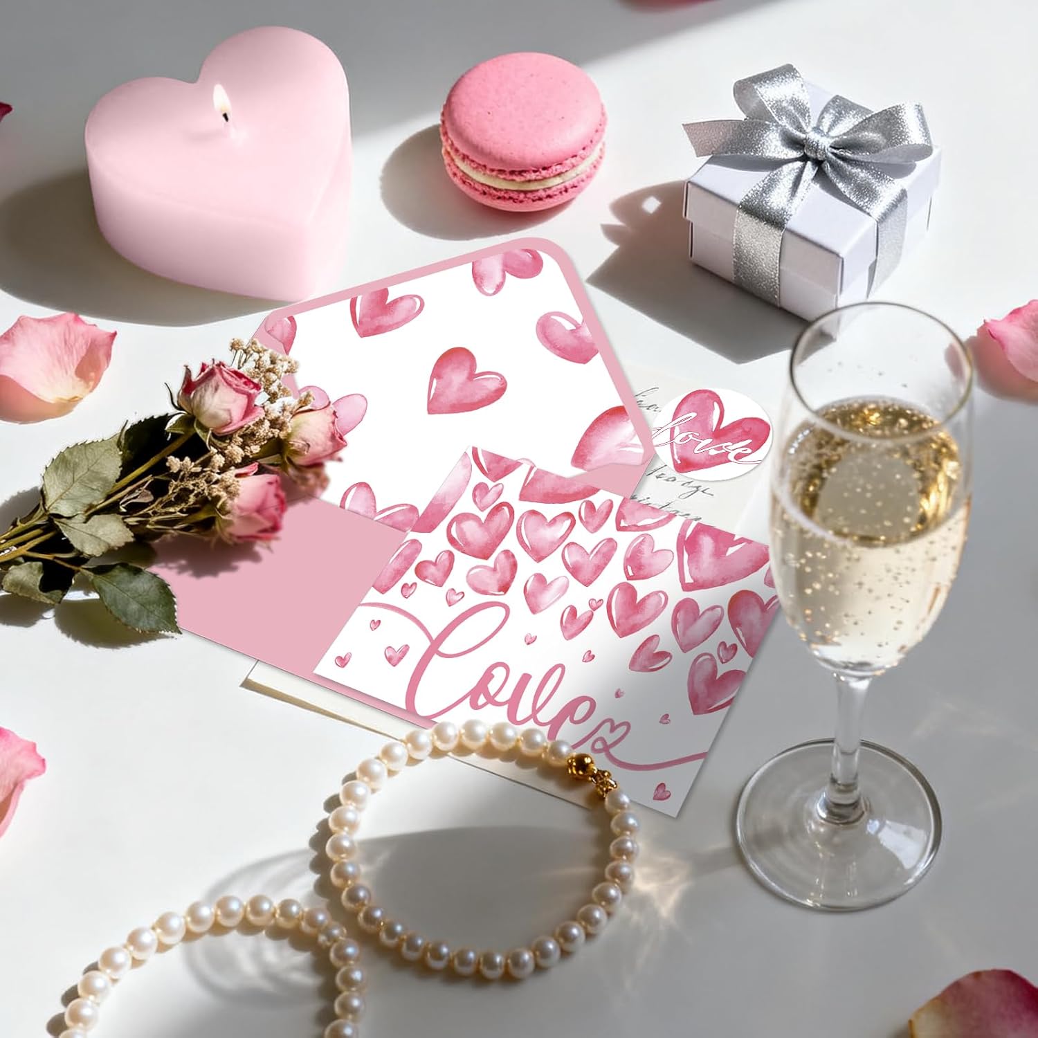 24 Pcs Valentines Heart Love Card With Envelopes, Watercolor Heart Greeting Cards Pink Valentine'S Day Blank Notecards For Anniversary Wedding Party Supplies