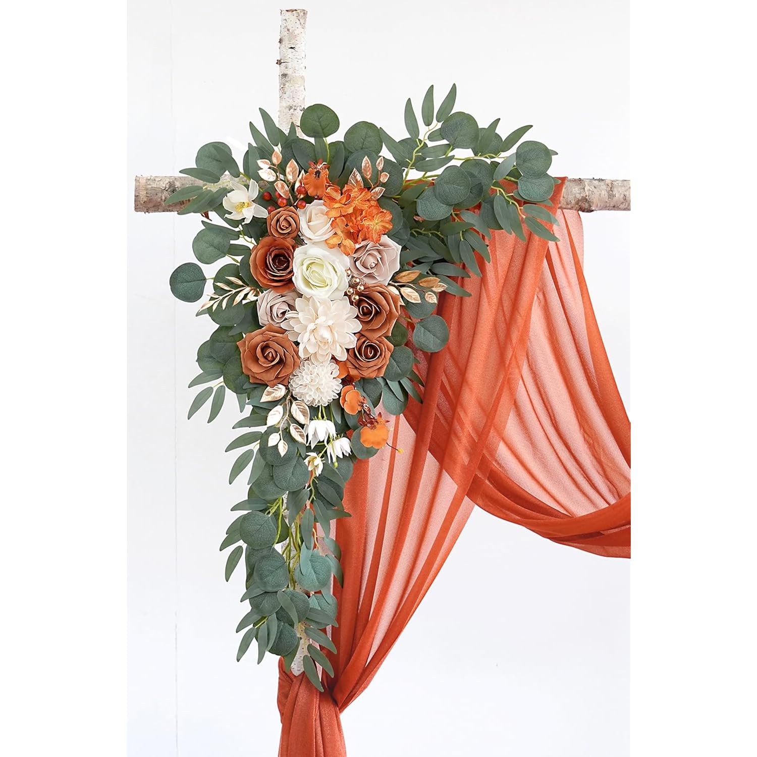 Burnt Orange Artificial Wedding Arch Flowers Kit (Pack Of 3) With 26Ft Terracotta Shiny Arch Draping Fabric For Diy Wedding Party Ceremony Reception Backdrop Floral Decoration