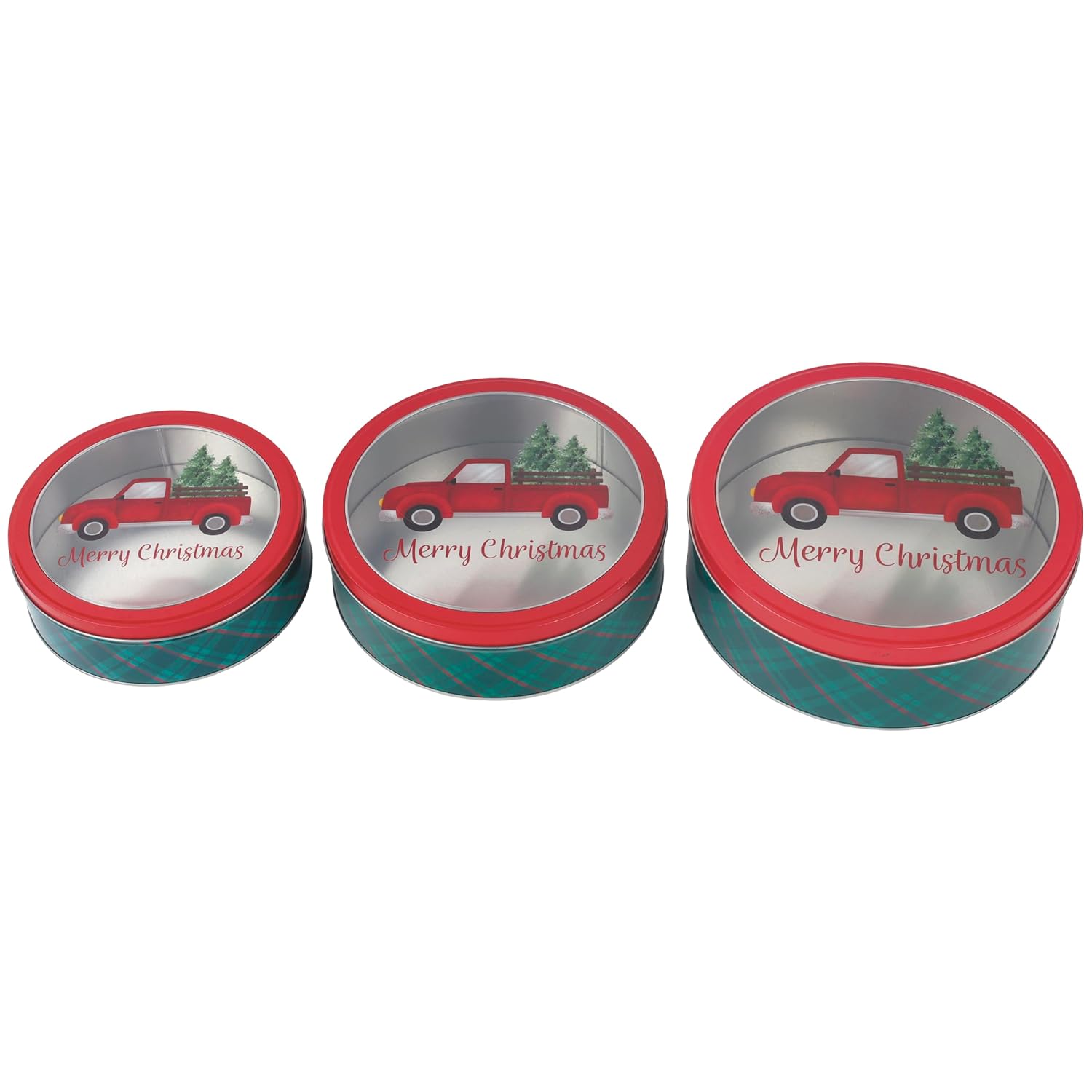 Christmas Holiday Cookie Tin Containers With Window, 3Pc Nested Set, Holiday Cookie Tins With Lid For Gift Giving, Cookie, Treats, Cookies Party Favor And Gifts (Truck, Round Shape)