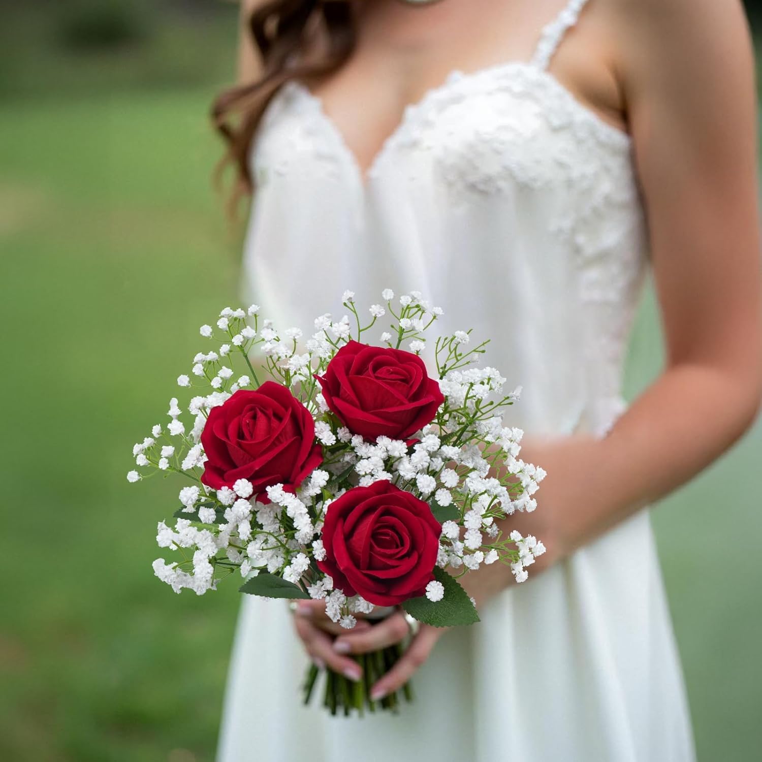 Fake Flowers Artificial Flowers Decorative Bouquet With Faux Baby'S Breath, Velvet Roses Small Floral Arrangements For Wedding Table Centerpieces Home Décor