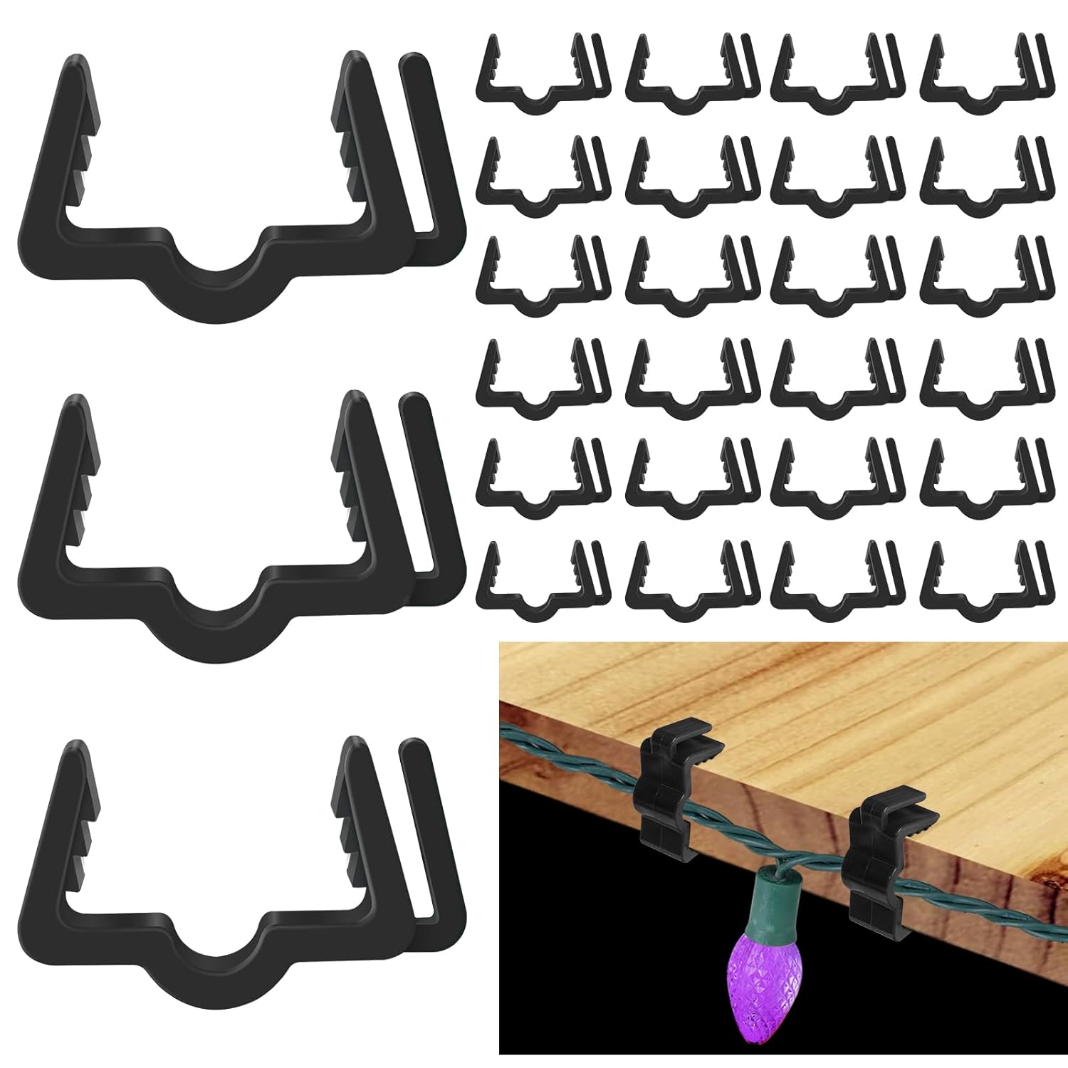 Christmas Light Hangers Clips 7/8 Inch Fascia Board Clips Hooks Deck Light Clips Holiday Light Clip For Christmas Decoration Roof Gutter Fence In Thickness From 3/4" To 7/8" (Black, 30Pcs)