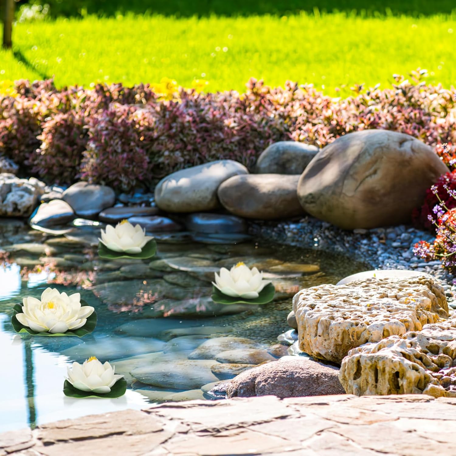 Lotus Floating Flower Aquarium Lily Pad 6Pcs Artificial Lotus With Water Lily Pad Floating Fake Pond Ornanment For Garden Pond Pool Decoration White