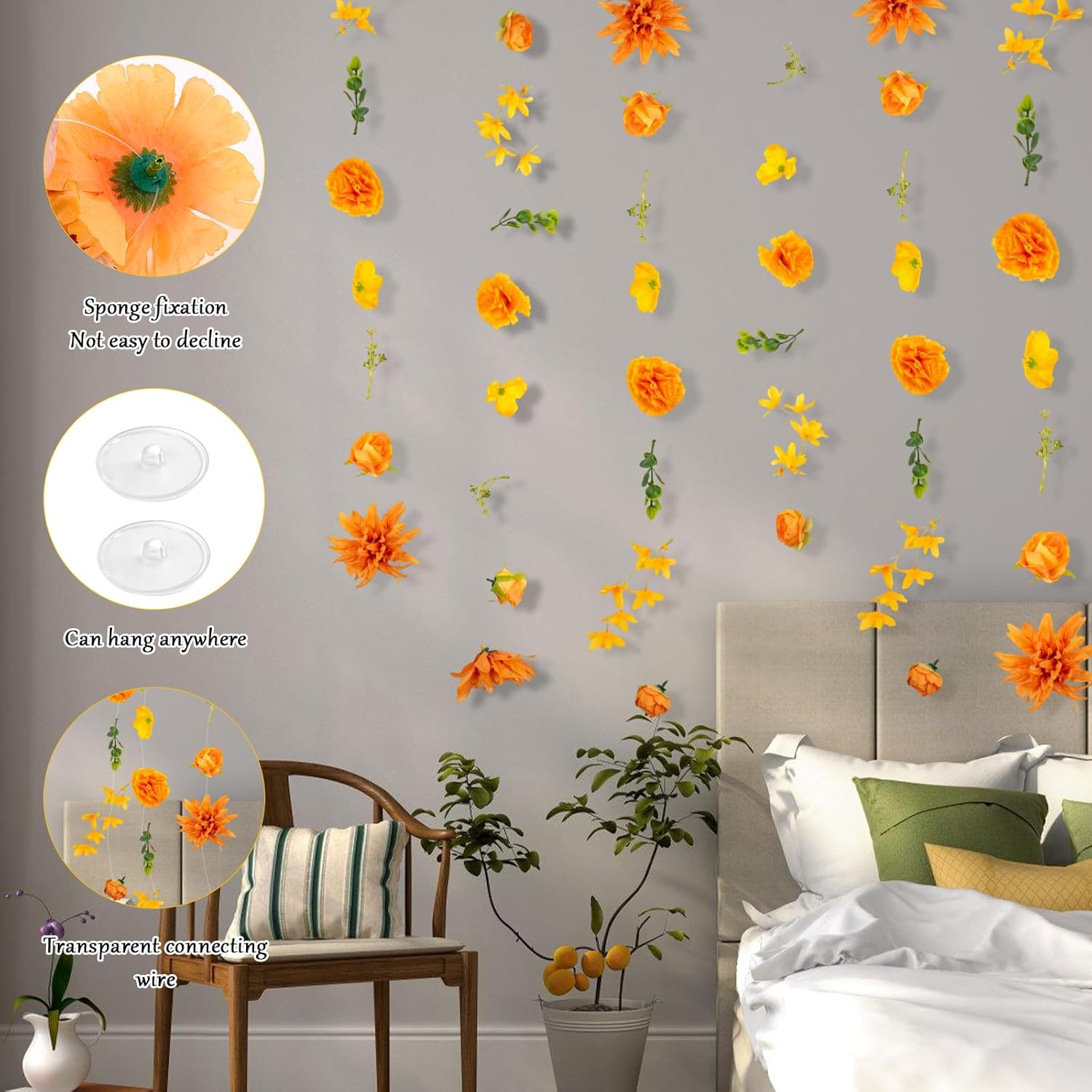 6 Pcs Artificial Flowers Garlands Hanging Decorations,35.4Ft Flower Garlands Hanging Wildflower Wall Backdrop For Home Garden Spring Summer Wedding Party Arch Wall Fall Decor(Orange)