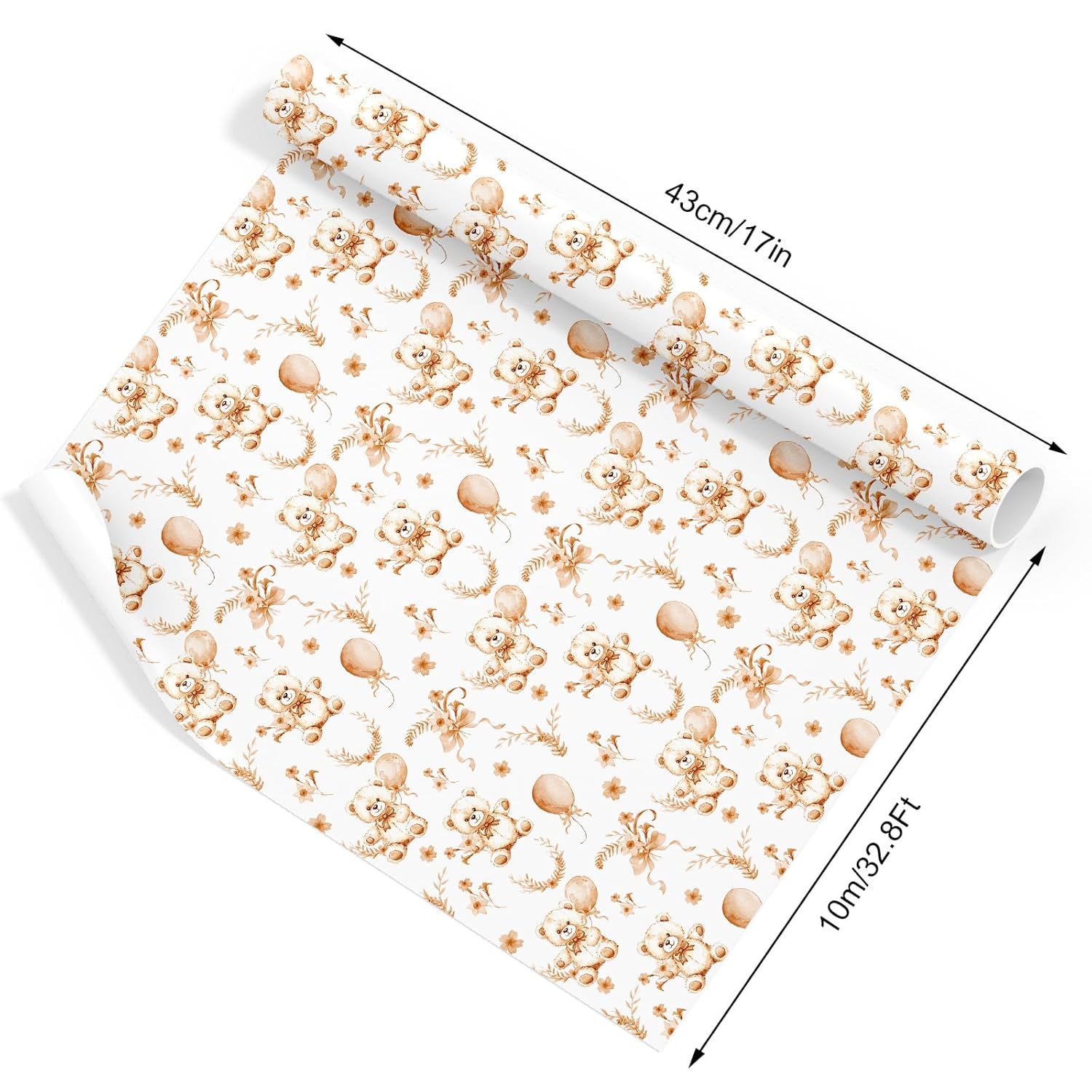 Bear Wrapping Paper -Mini Roll- 17In X 32.8Ft Brown Balloon Bear Flower Gift Wrap Paper Baby Shower Craft Paper For Diy Craft Supplies