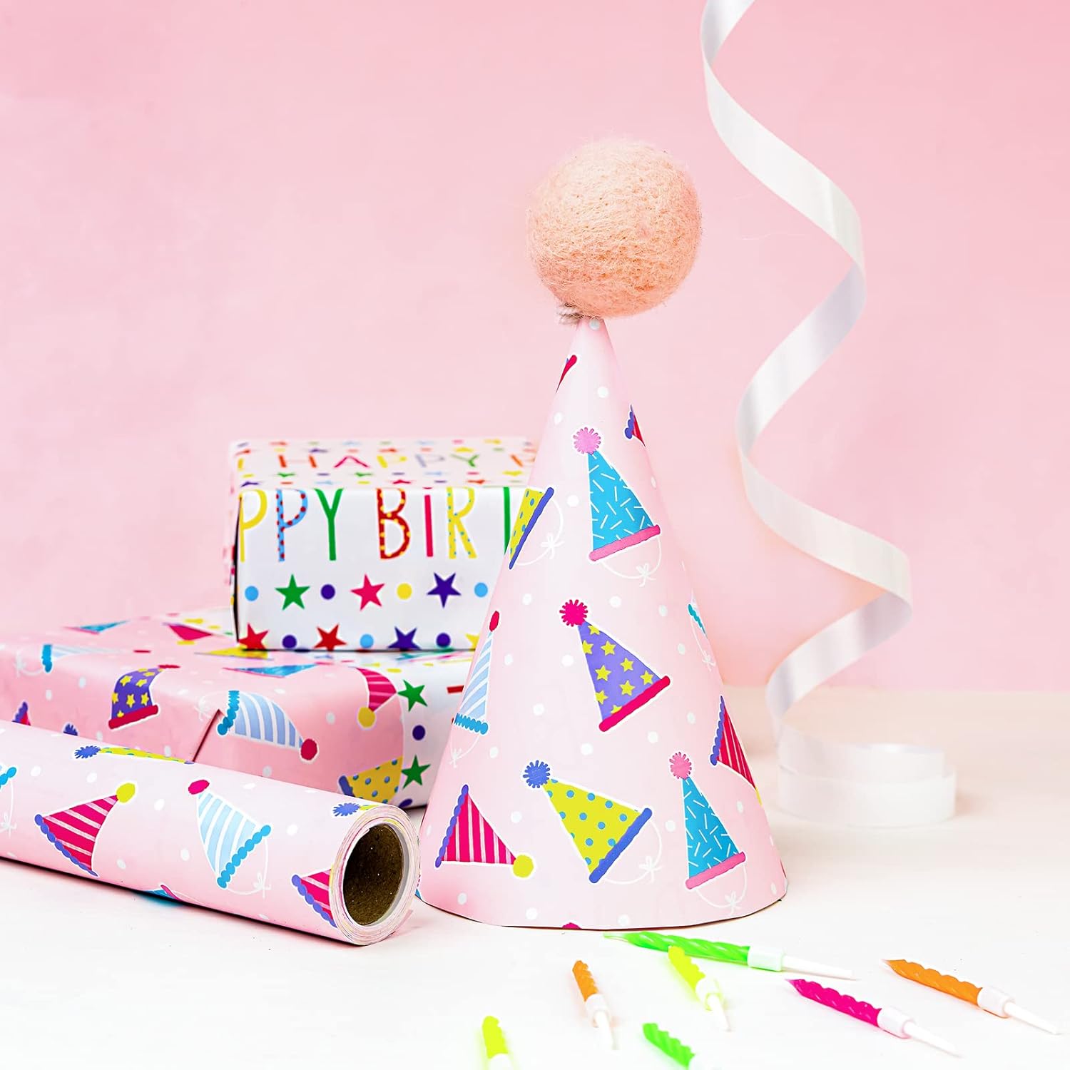 Reversible Birthday Wrapping Paper - Mini Roll - 17 Inch X 9.8 Feet - Pink Happy Birthday Wrapping Paper For Girls, Kids, Baby Shower