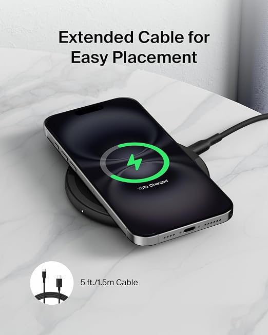 15W Wireless Charging Pad with 5FT Cable Fast Qi Charger for iPhone 17 16 15 Samsung Galaxy S25 S24 AirPods Pixel