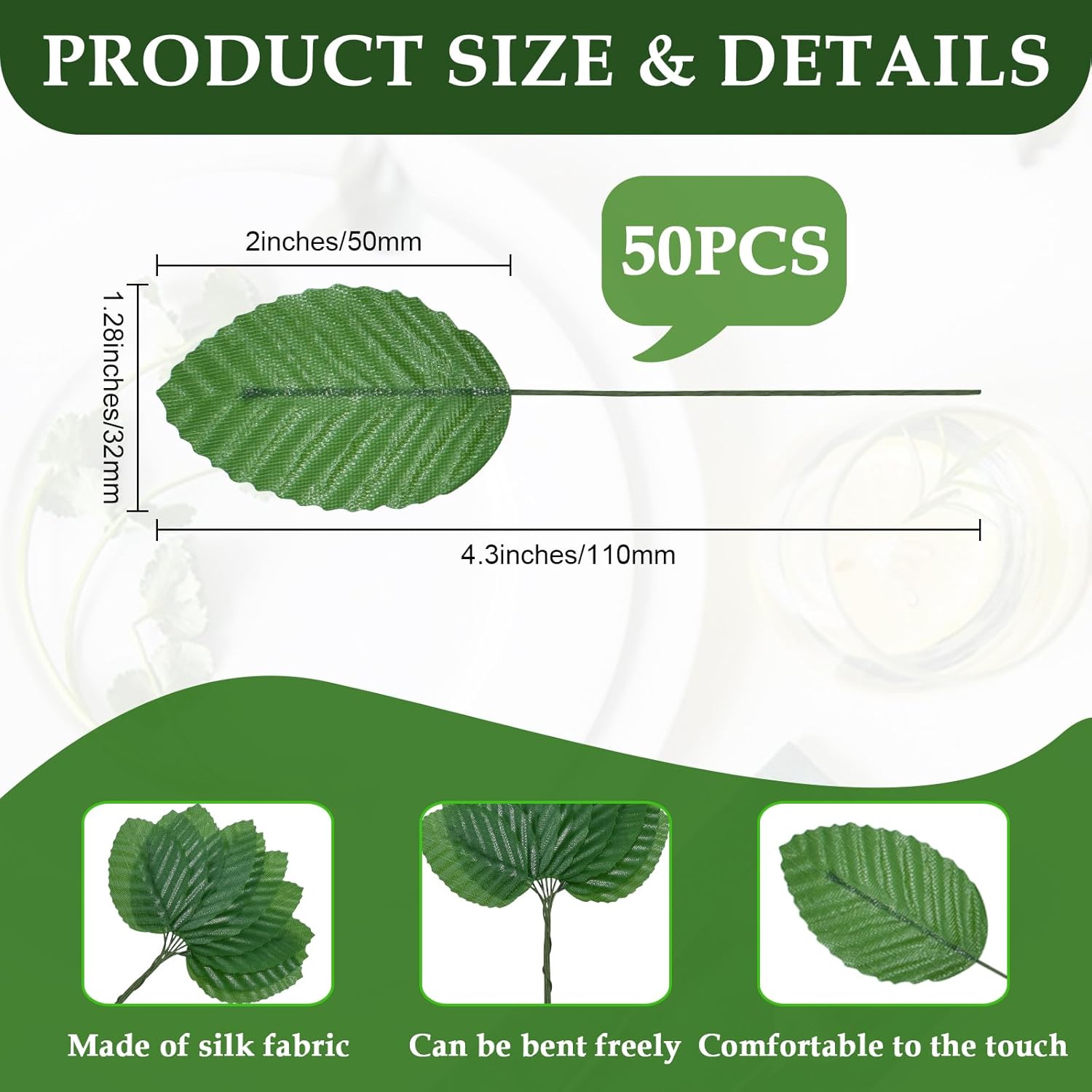50Pcs Artificial Silk Leaf, Fabric Floral Fake Wire Crafts Leaves Faux Flowers For Diy Wedding Corsage Party Home Decoration Banquet And Christmas Hawaiian (Green)