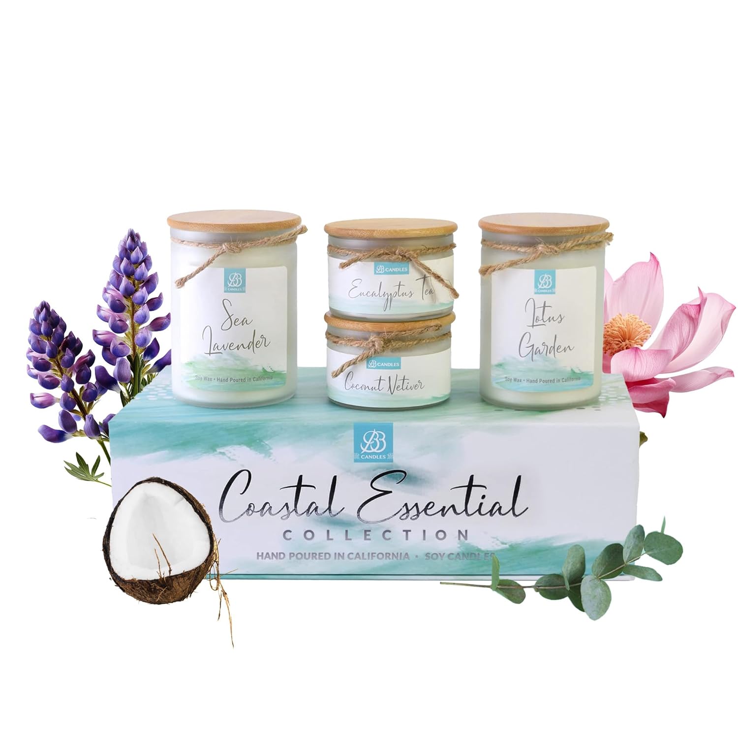 Coastal Essentials Scented Candle Gift Set, Decorative Candles For Home Decor, Long Burning Candles Set - 4 Candles 80 Value(Sea Lavender, Lotus Garden, Eucalyptus Tea, And Coconut Vetiver)
