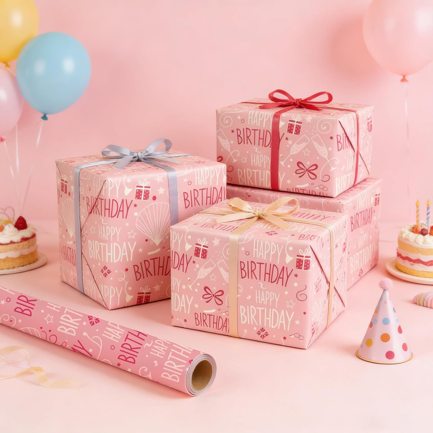 Birthday Wrapping Paper Roll, Pink Gift Wrapping Paper For Small & Medium Gifts, 17 Inch X 33 Feet, Birthday Party Gift Wrap