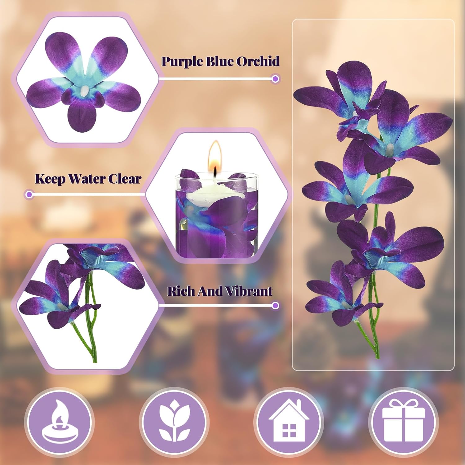 Floating Flowers For Centerpieces Blue Faux Orchid Flowers Vase Fillers Floating Candles Purple Orchid Wedding Table Decor Filling Unscented Floating Candles For Birthday Wedding Party (28 Pieces)