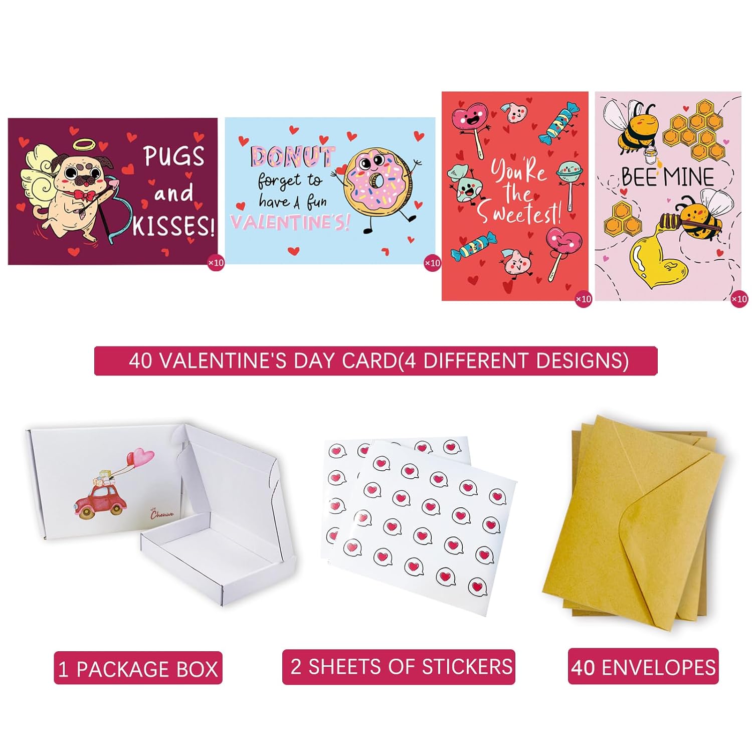 Valentines Day Cards For Kids School Class, Cute Valentine'S Day Cards, Funny Valentines Day Pun Greeting Cards Bulk, Set Of 40, 3.5 X 5 In