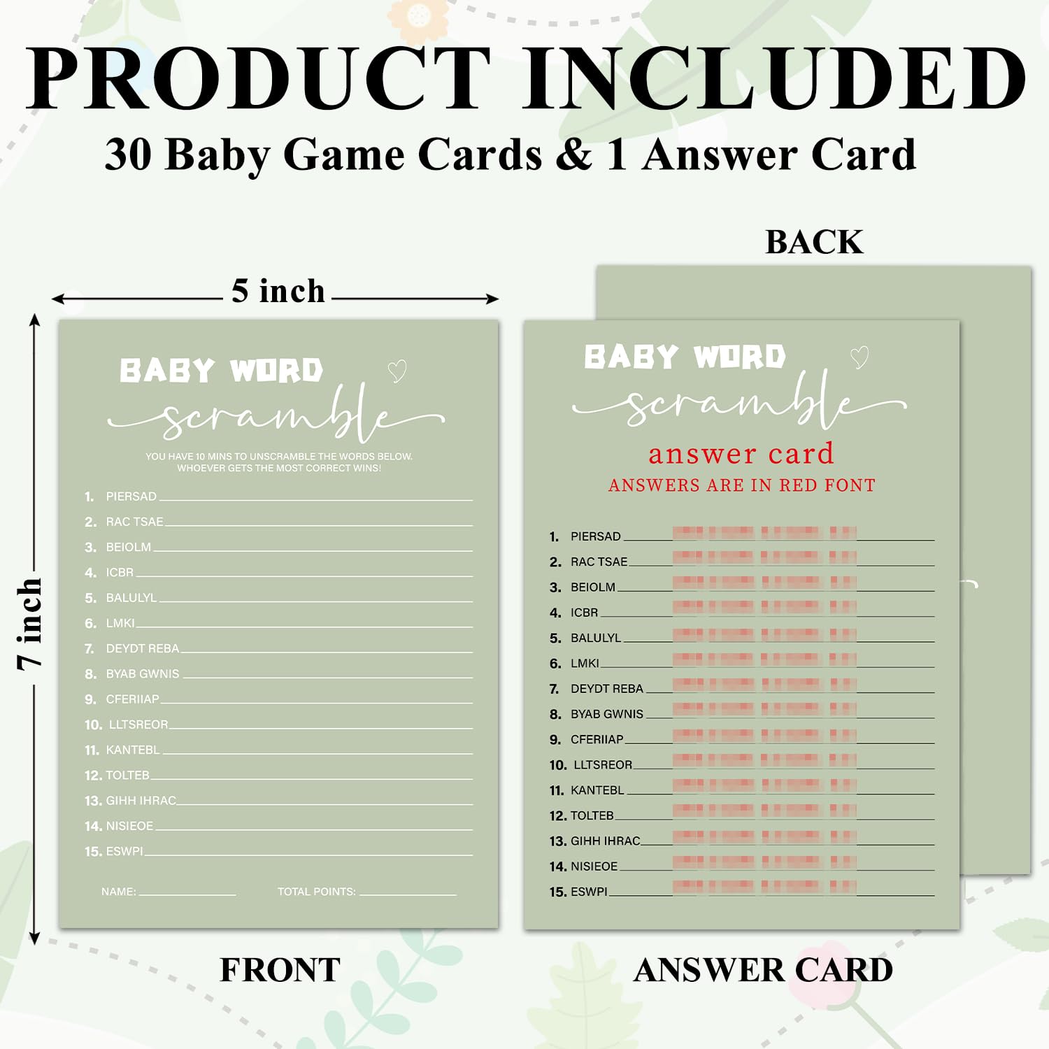 Baby Shower Game Cards Kits, Minimalism Sage Green Baby Word Scramble Games Cards For Boys Or Girls, 30 Game Card & 1 Answer Card, Gender Reveal Party Supplies & Activities -G03