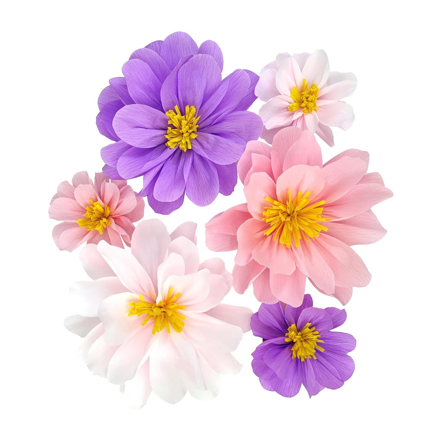 Large Pink & Lilac Paper Flower For Girls Birthday Diy Wall Decor Events Party Centerpiece Photobooth Backdrop 12 Inch-7 Inch Pak Of 6