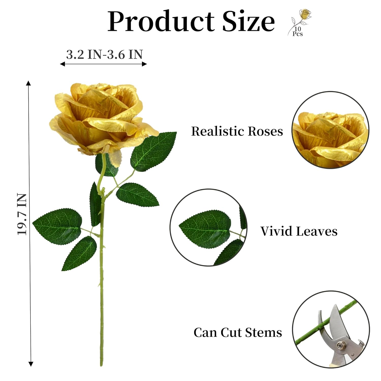 10 Pcs Gold Rose Artificial Flower, Faux Silk Flowers With Long Stems, Fake Roses Bulk Bouquet For Decoration Valentine'S Day Centerpieces Proposal Bridal Bouquets Shower Party Home Floral Decor