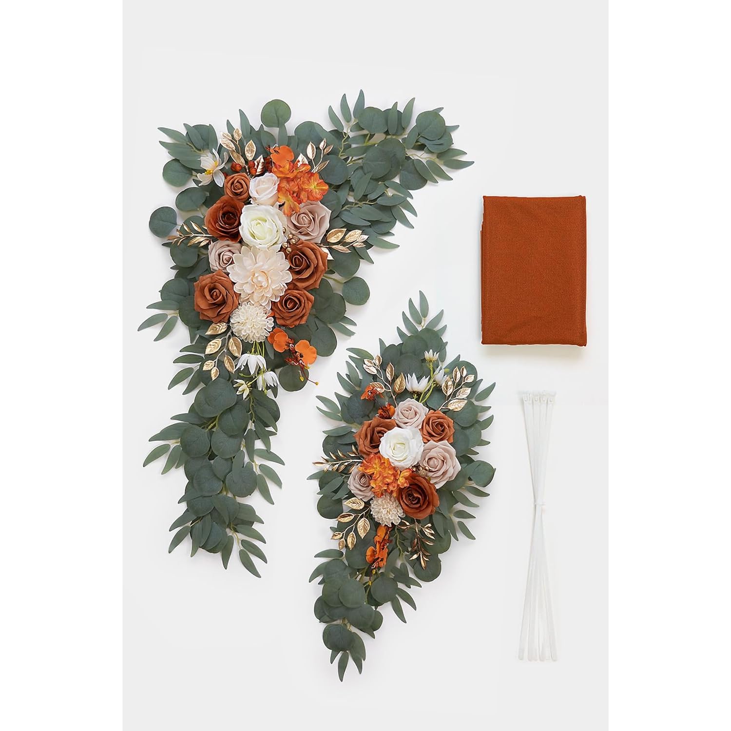 Burnt Orange Artificial Wedding Arch Flowers Kit (Pack Of 3) With 26Ft Terracotta Shiny Arch Draping Fabric For Diy Wedding Party Ceremony Reception Backdrop Floral Decoration