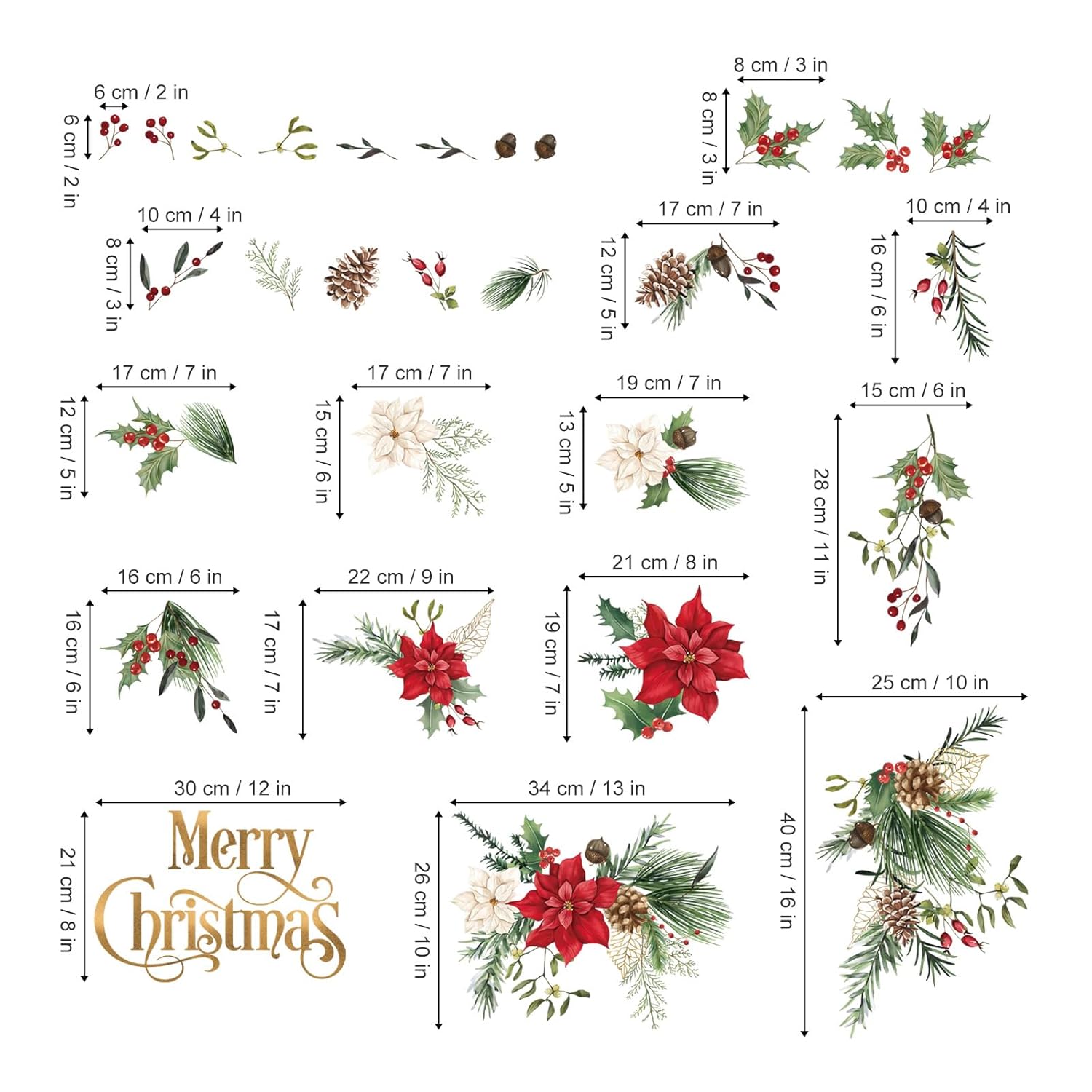 Christmas Flower Wall Stickers - Leaves And Floral Window Wall Art Decals For Xmas Party, Living Room