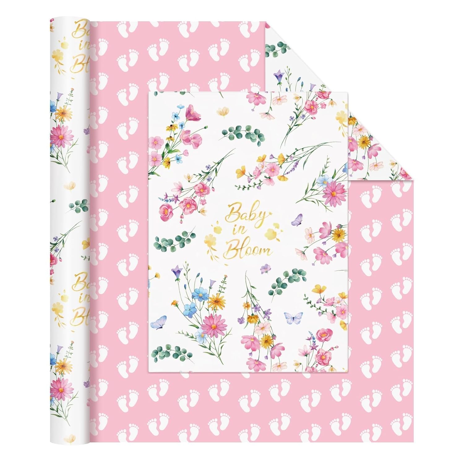 Baby Wrapping Paper - 1 Roll 17” X 33 Ft Baby Shower Wrapping Paper Pink Floral Gift Wrap Reversible New Born Girls 1St Birthday Present Packing Cute Foot Prints Design