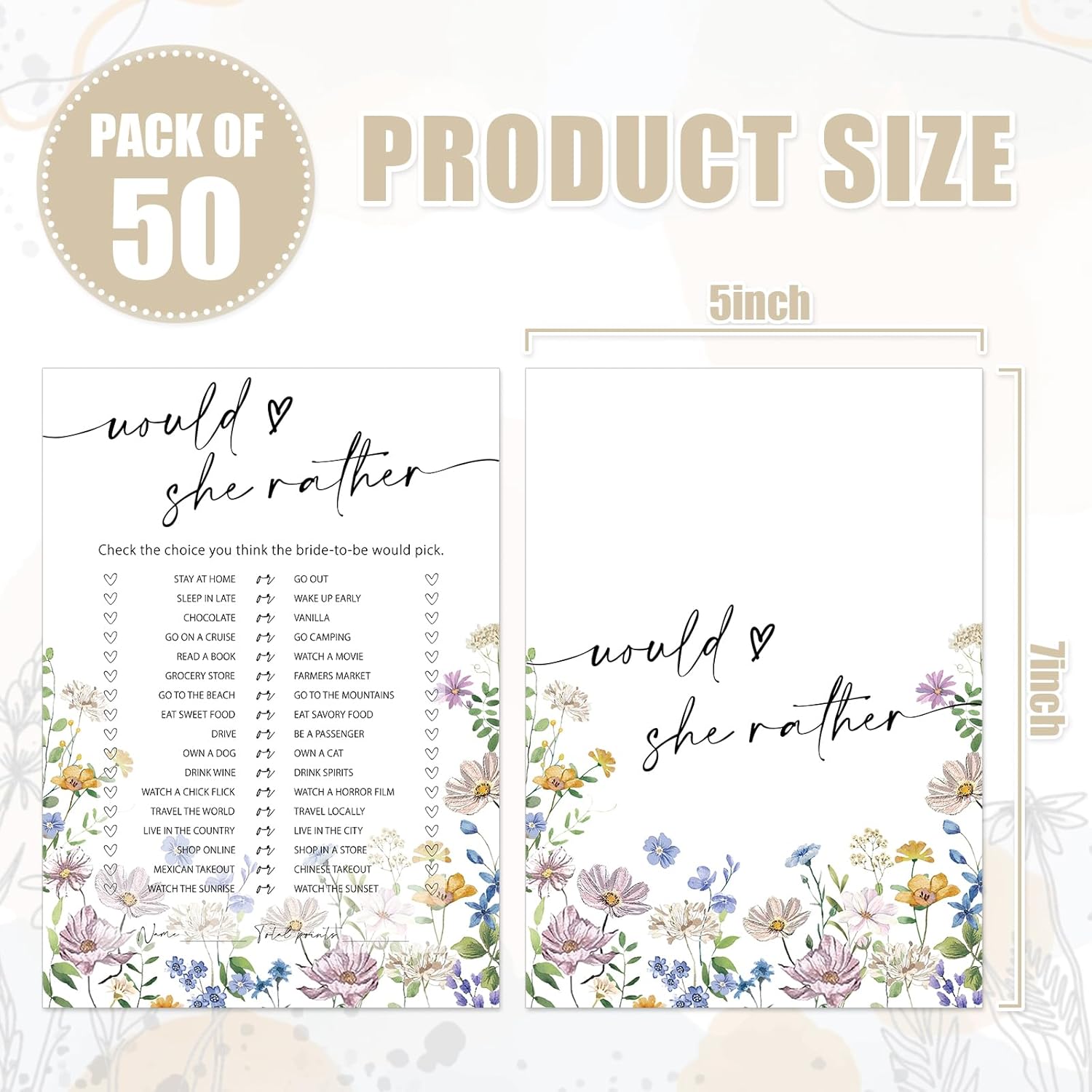 50 Sheets Wildflower Bridal Shower Game Cards Floral Double Sided Party Game Activity Cards For Would She Rather Wedding Bachelorette Party Games Supplies