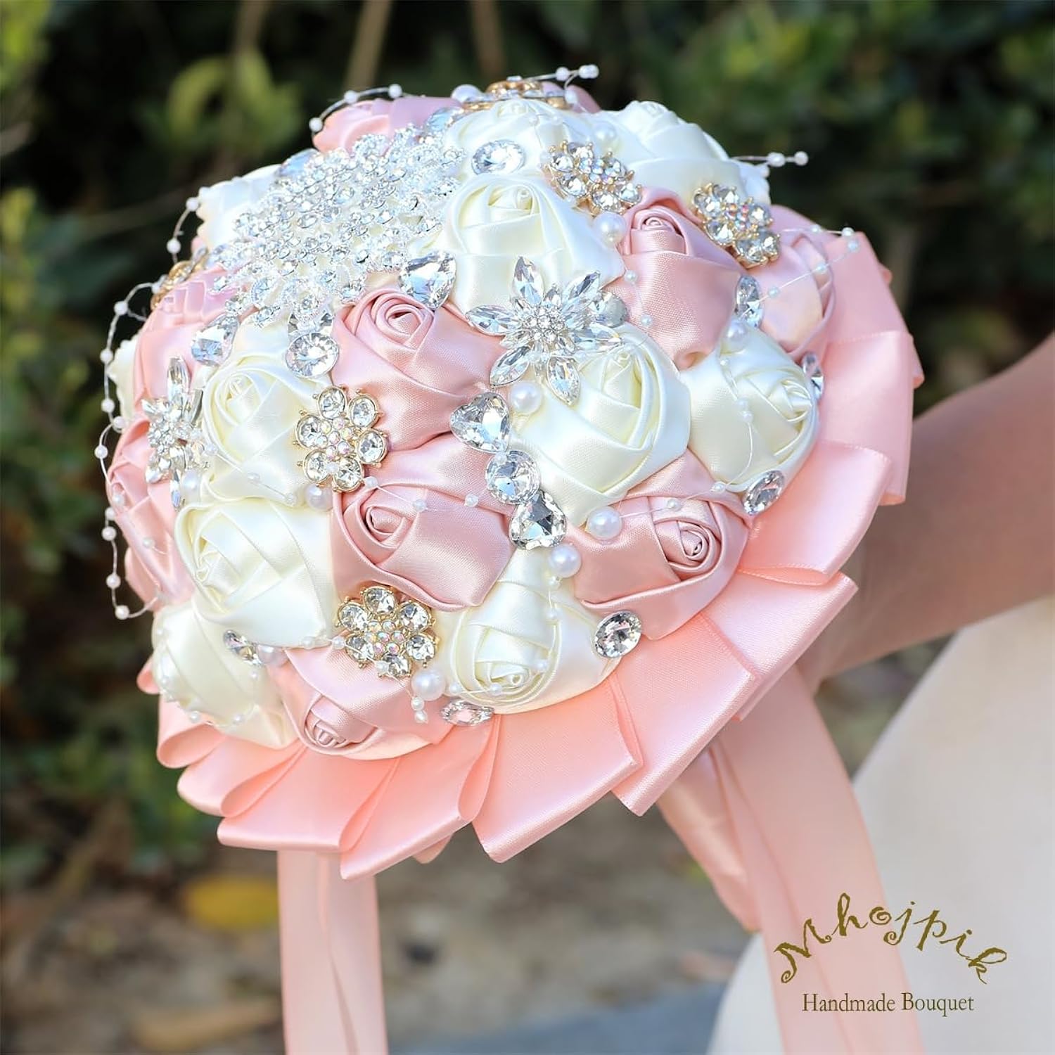 6.3" Pink Champagne & Ivory Bridal Wedding Bouquet Round Holding Bouquet Throw Toss Artificial Rose Flower Bunch For Bride Bridesmaid Wedding Quinceanera
