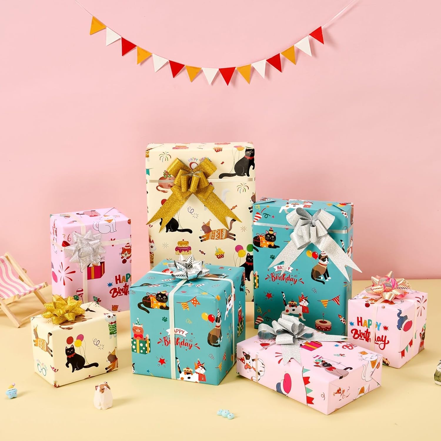 Cat Wrapping Paper Rolls - 3 Rolls 17” X 120” Happy Birthday Wrapping Paper Rolls Cat Birthday Gift Wrap Paper Rolls Kitten Wrapping Paper Bday Wrap Paper With Cutting Lines