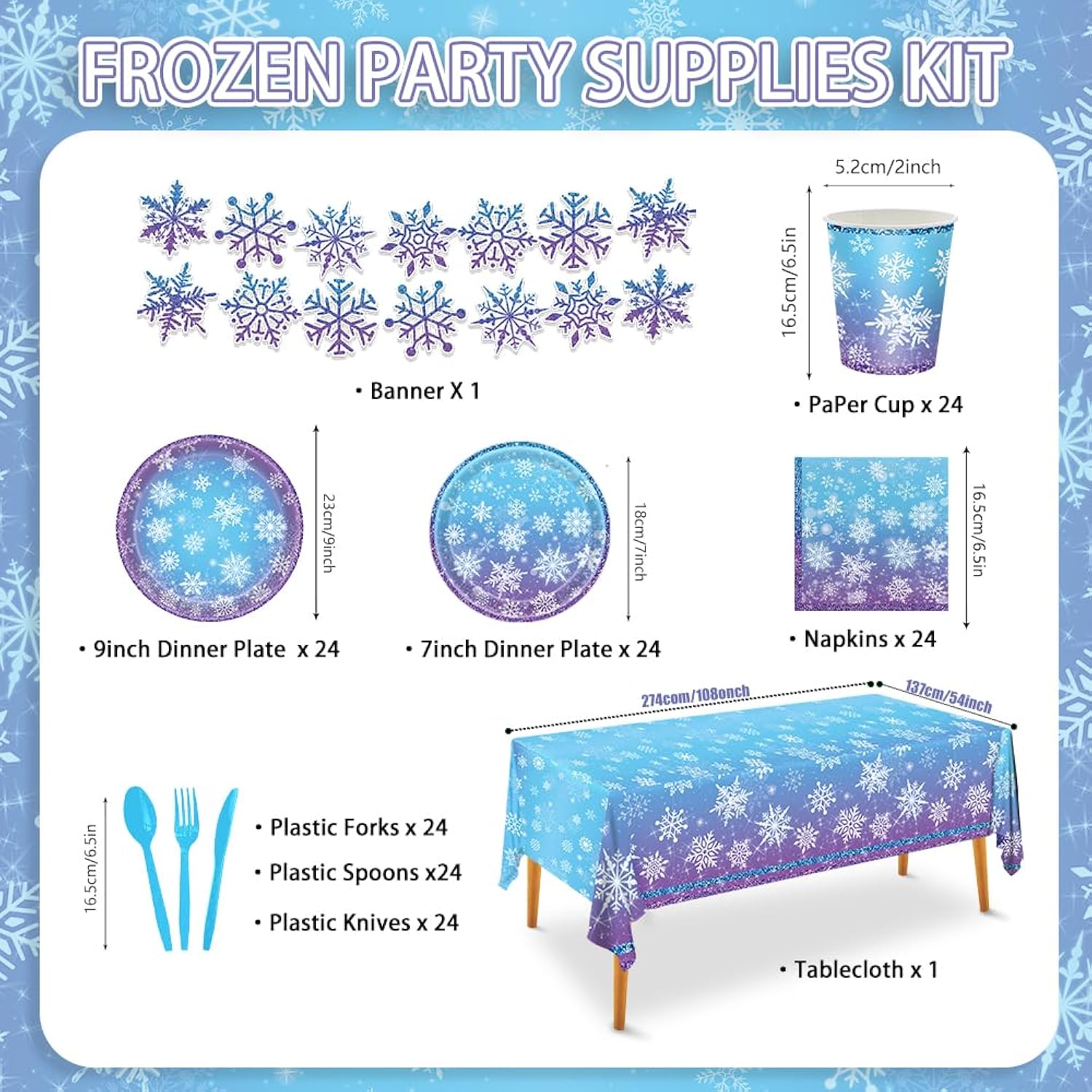 170Pcs Frozen Birthday Party Decorations Purple And Blue Snowflake Winter Wonderland Include Disposable Plates, Cups, Cutlery, Banner, Tablecloth For Christmas Winter Wonderland Decorations