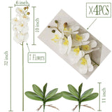 32" Artificial Phalaenopsis Flowers 4 Pcs With 2 Bundles Leaves Artificial Orchid Flowers Stem Plants For Home Décor (White)